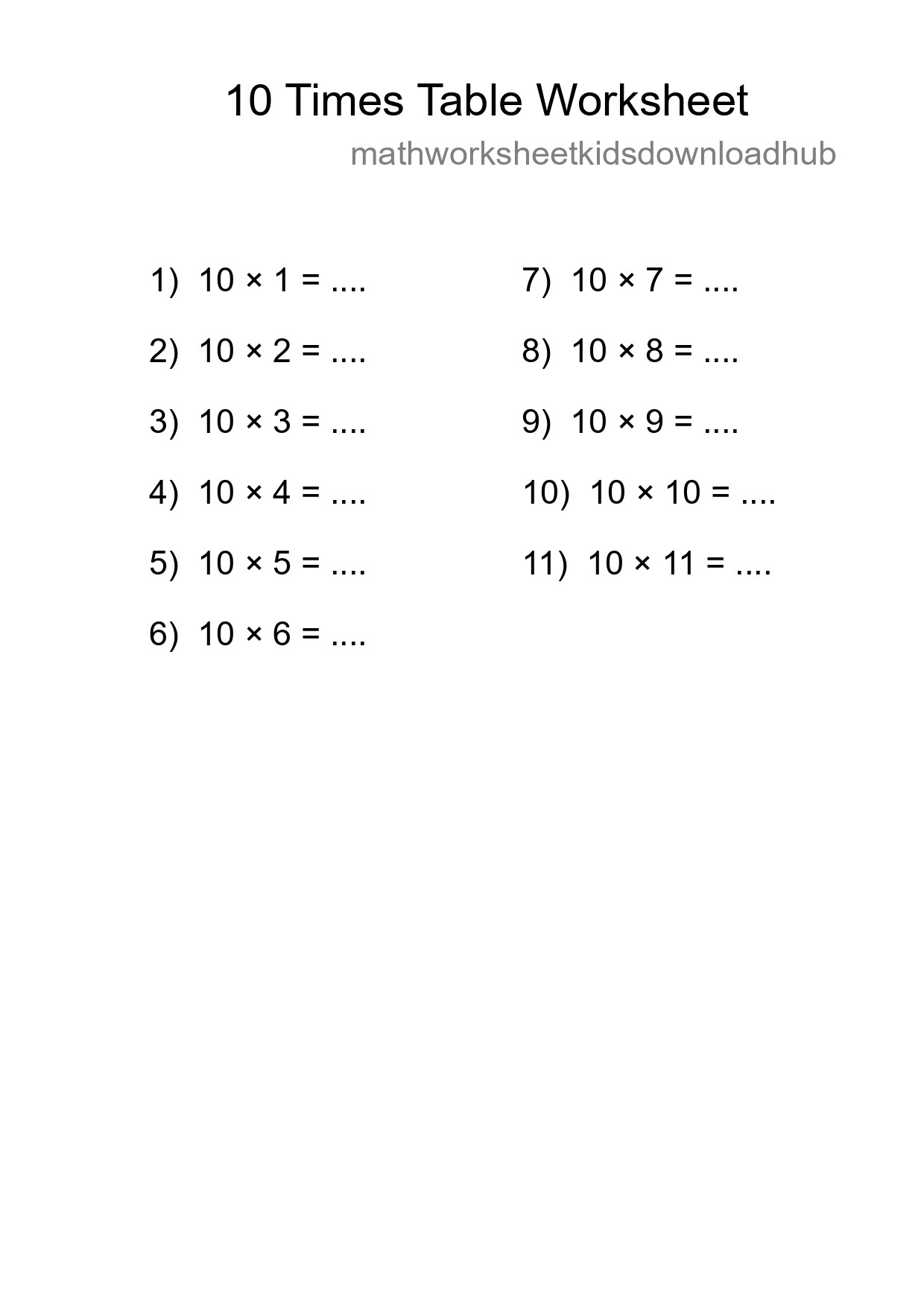 10 Times Table Worksheet For Grade 3 With Answers - Part 64