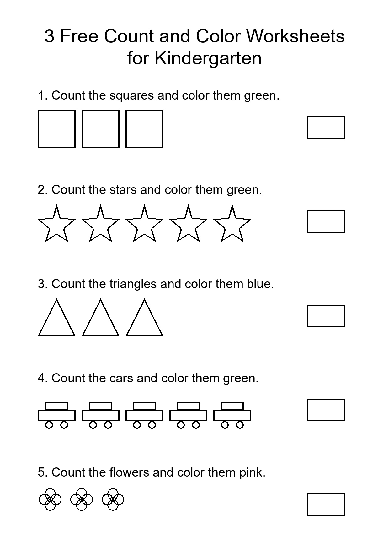 3 Free Count and Color Worksheets for Kindergarten
