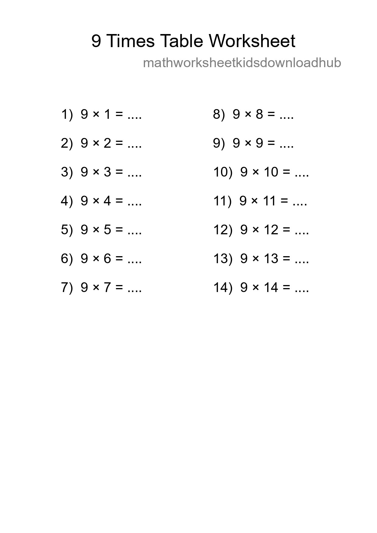 9 Times Table Worksheet For Grade 3 - Part 185