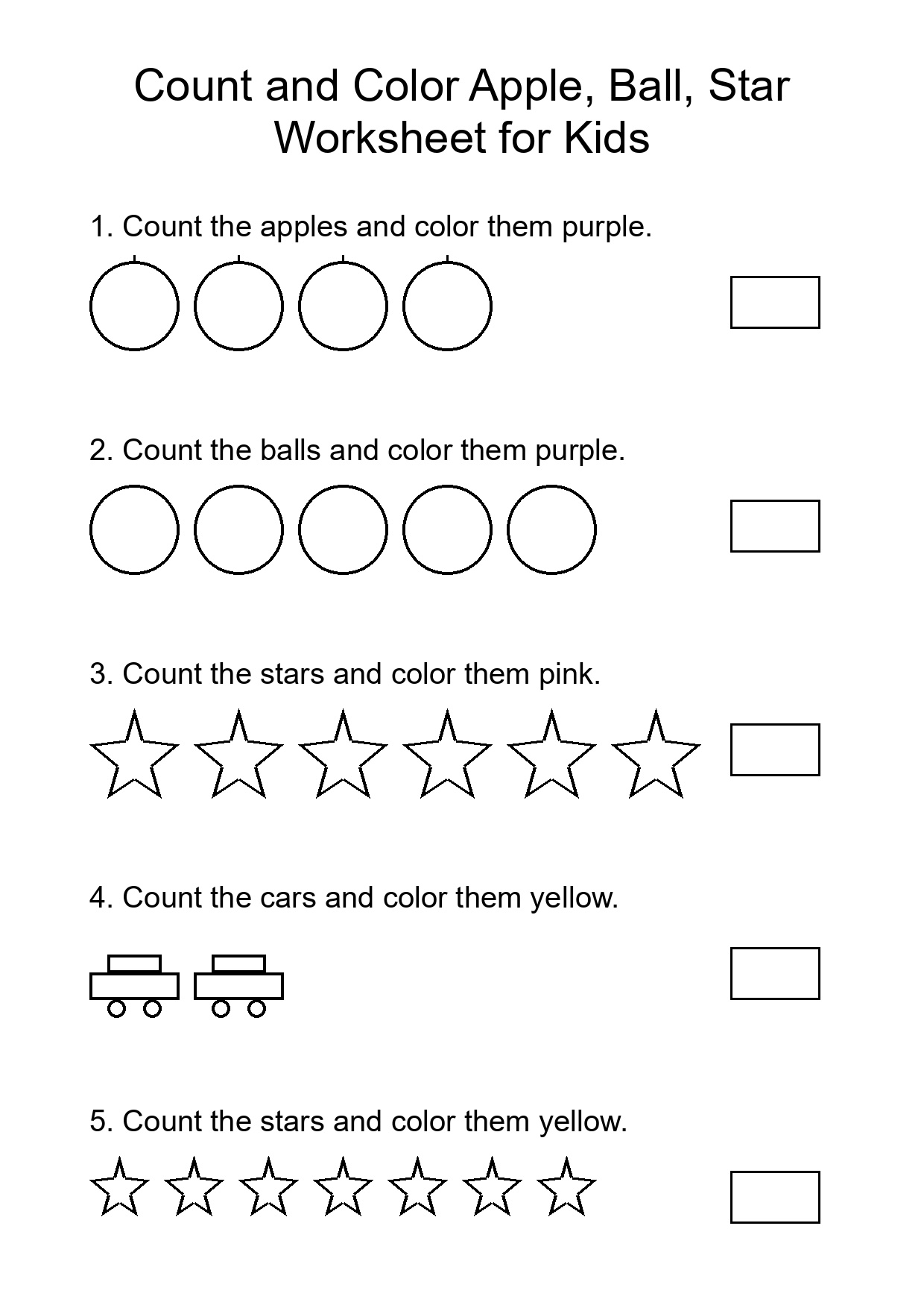 Count and Color Apple, Ball, Star Worksheet for Kids