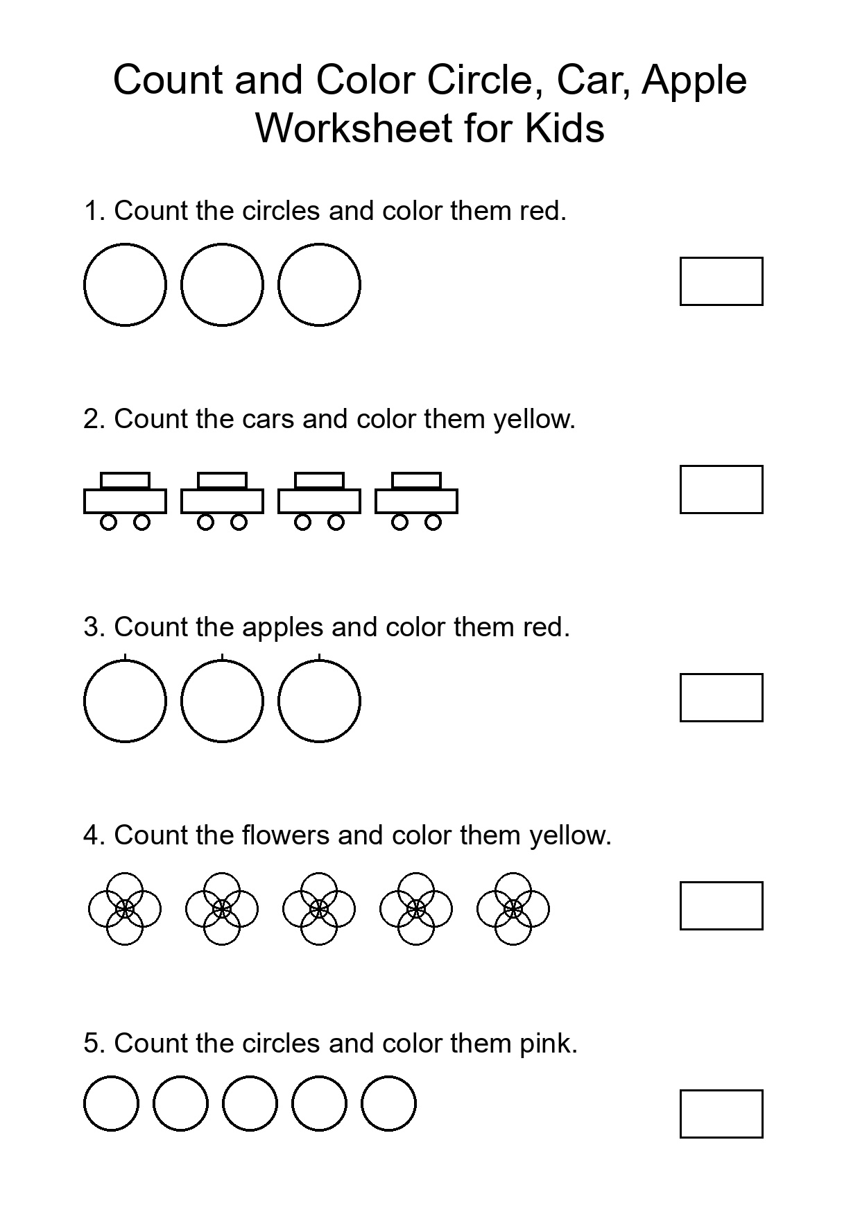 Count and Color Circle, Car, Apple Worksheet for Kids