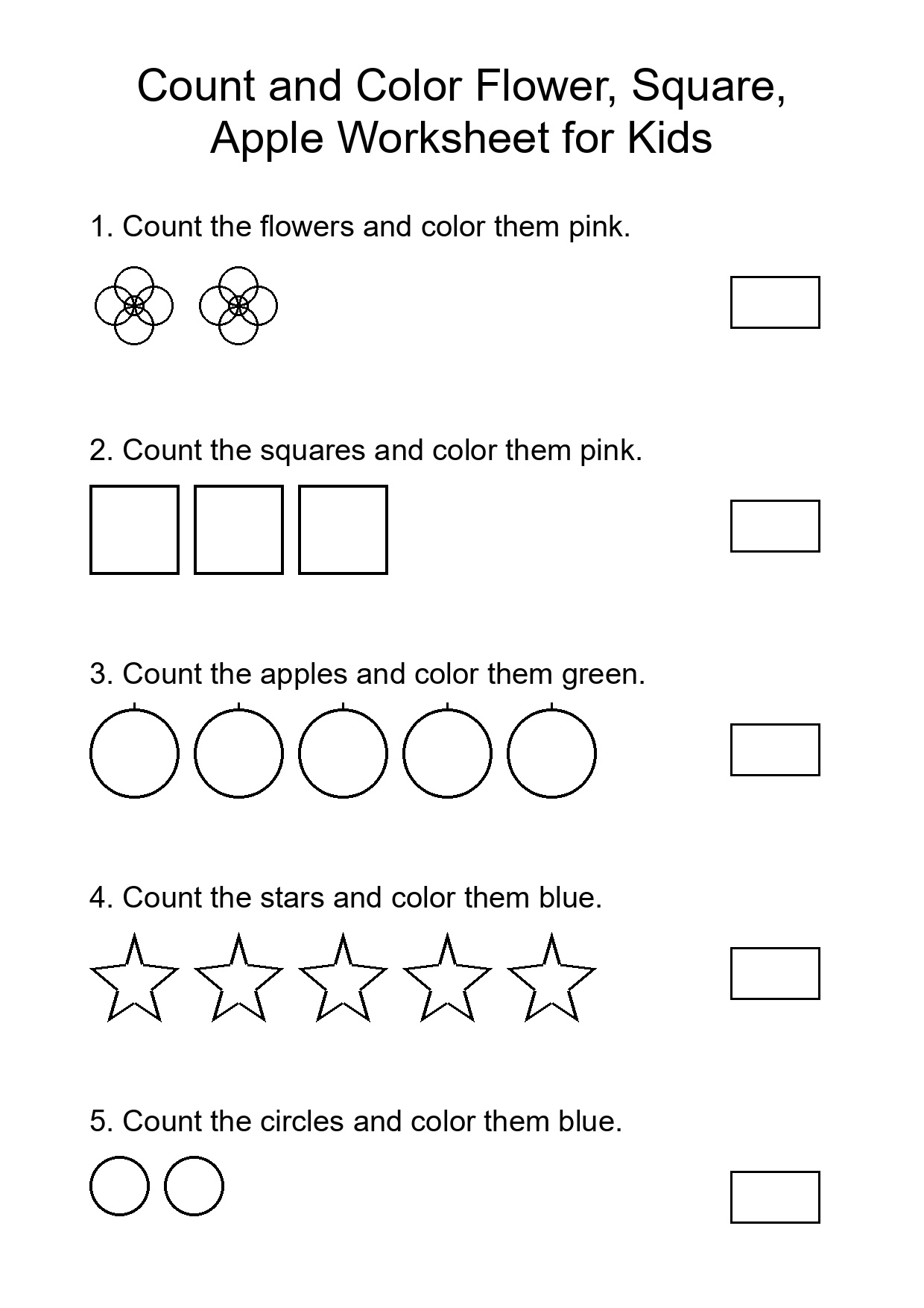 Count and Color Flower, Square, Apple Worksheet for Kids