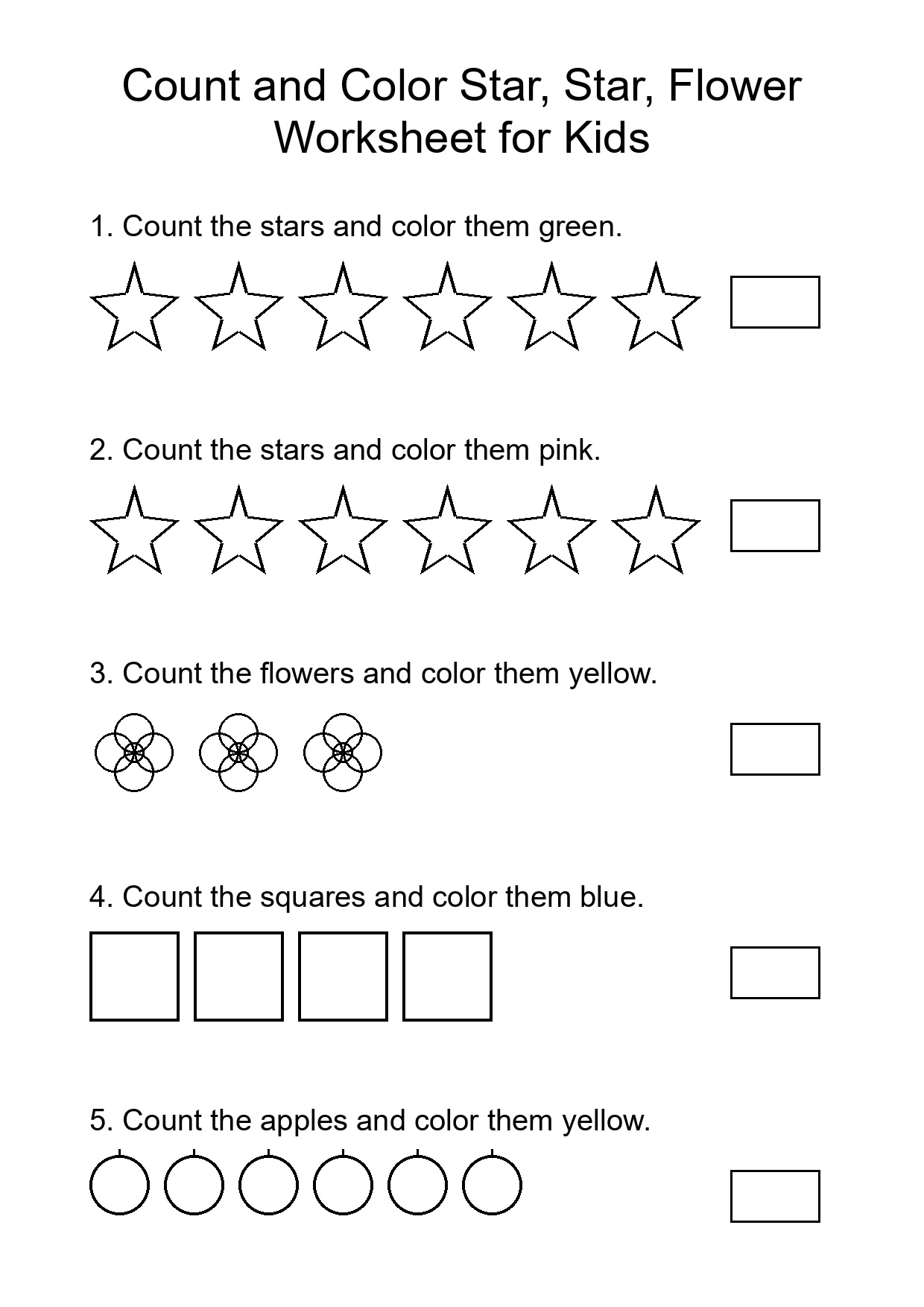 Count and Color Star, Star, Flower Worksheet for Kids
