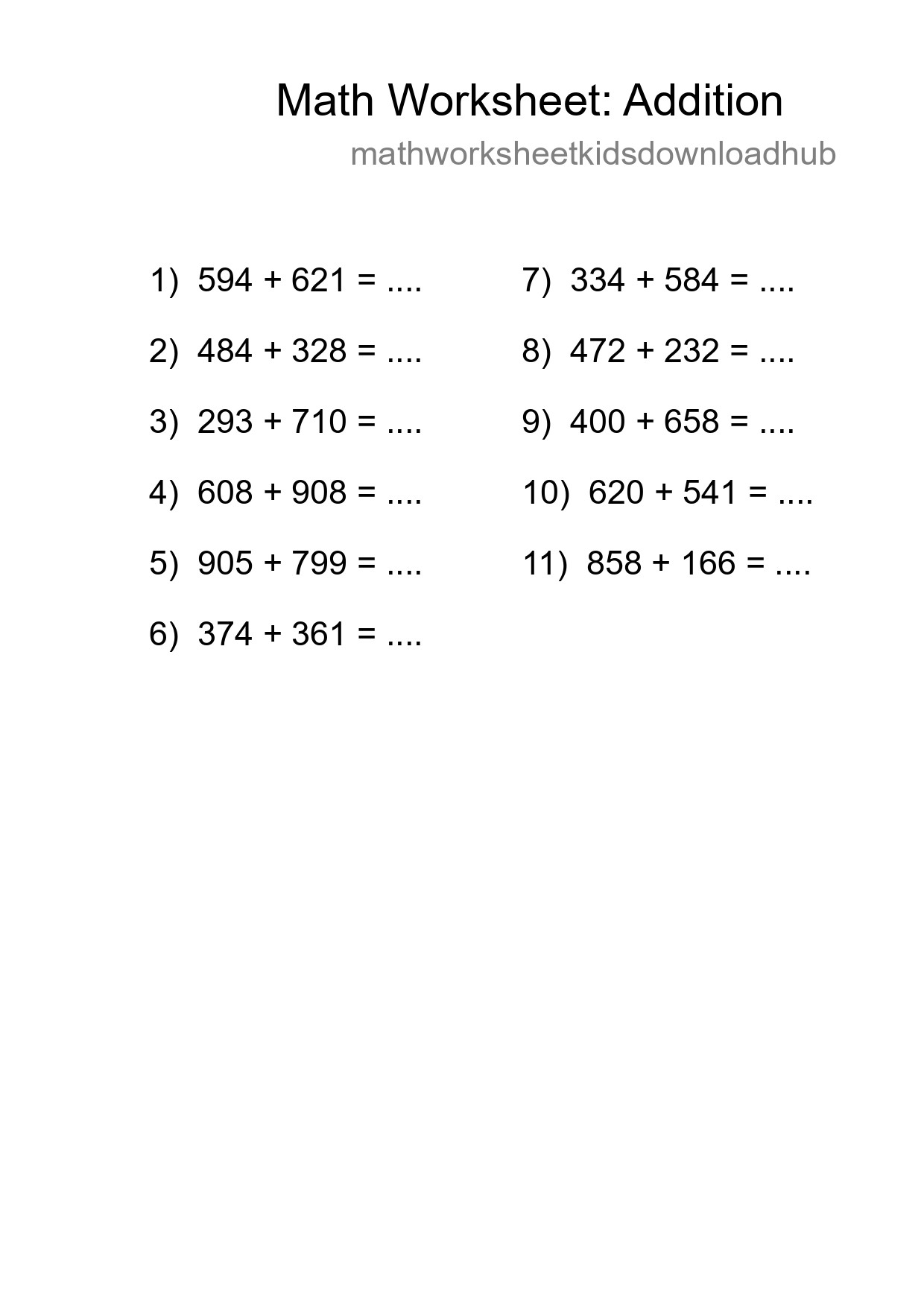 Free 11 Addition Math Worksheet For Grade 5 - Part 221