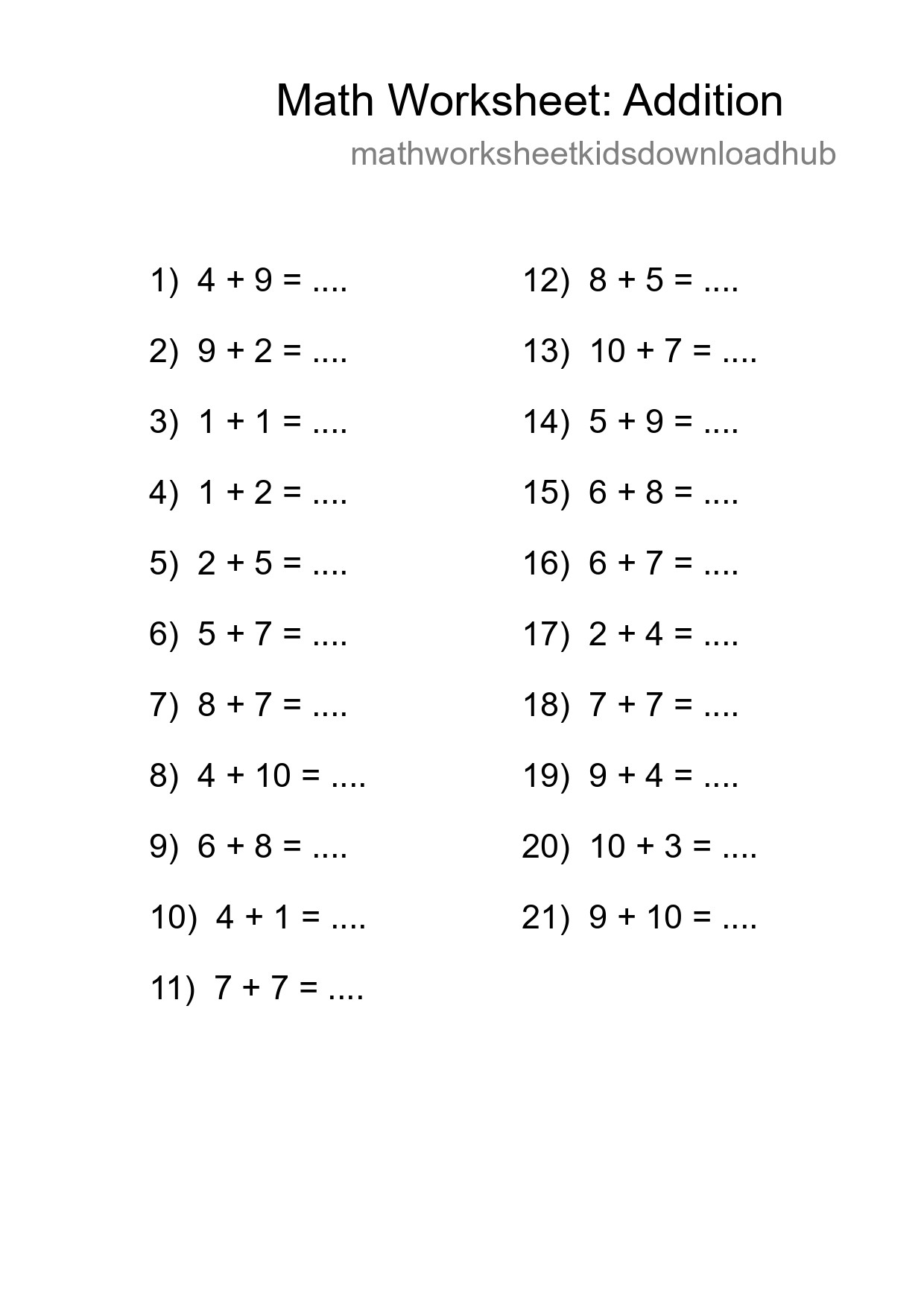 Free 21 Addition Math Worksheet For Grade 1 With Answers - Part 100