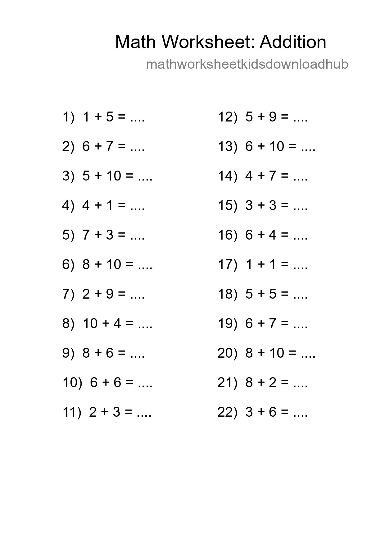 Free 22 Addition Math Worksheet For Grade 1 - Part 89