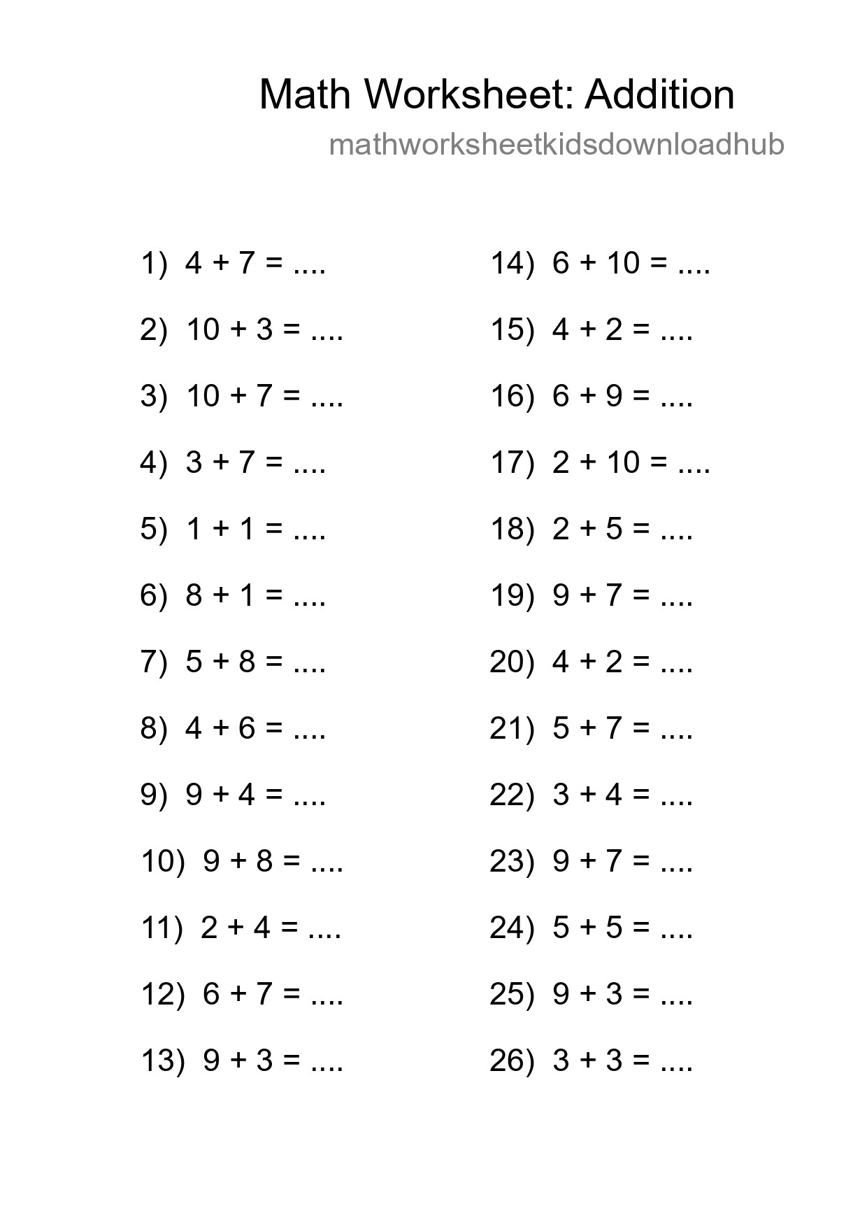 Free 26 Addition Math Worksheet For Grade 1 - Part 23