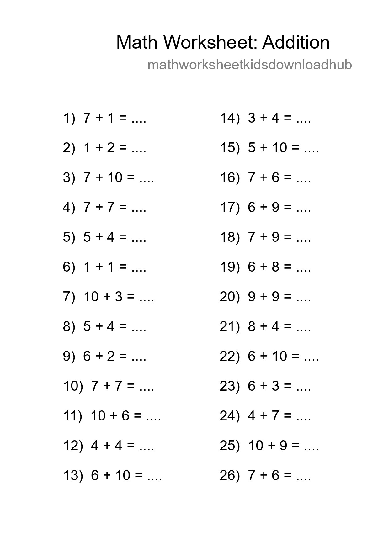 Free 26 Addition Math Worksheet For Grade 1 - Part 78