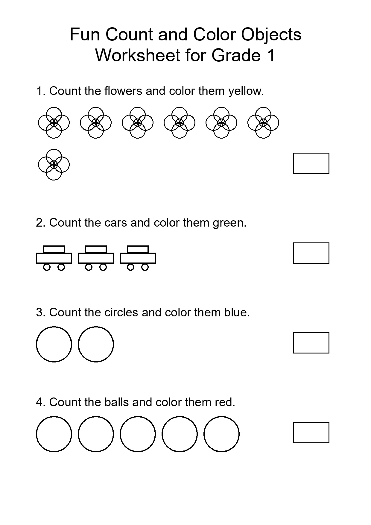 Fun Count and Color Objects Worksheet for Grade 1