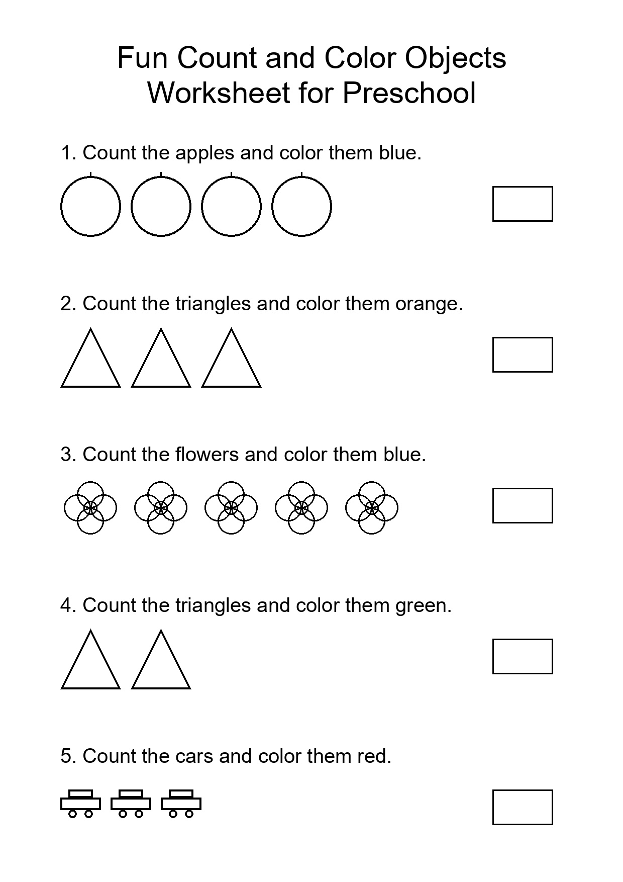 Fun Count and Color Objects Worksheet for Preschool