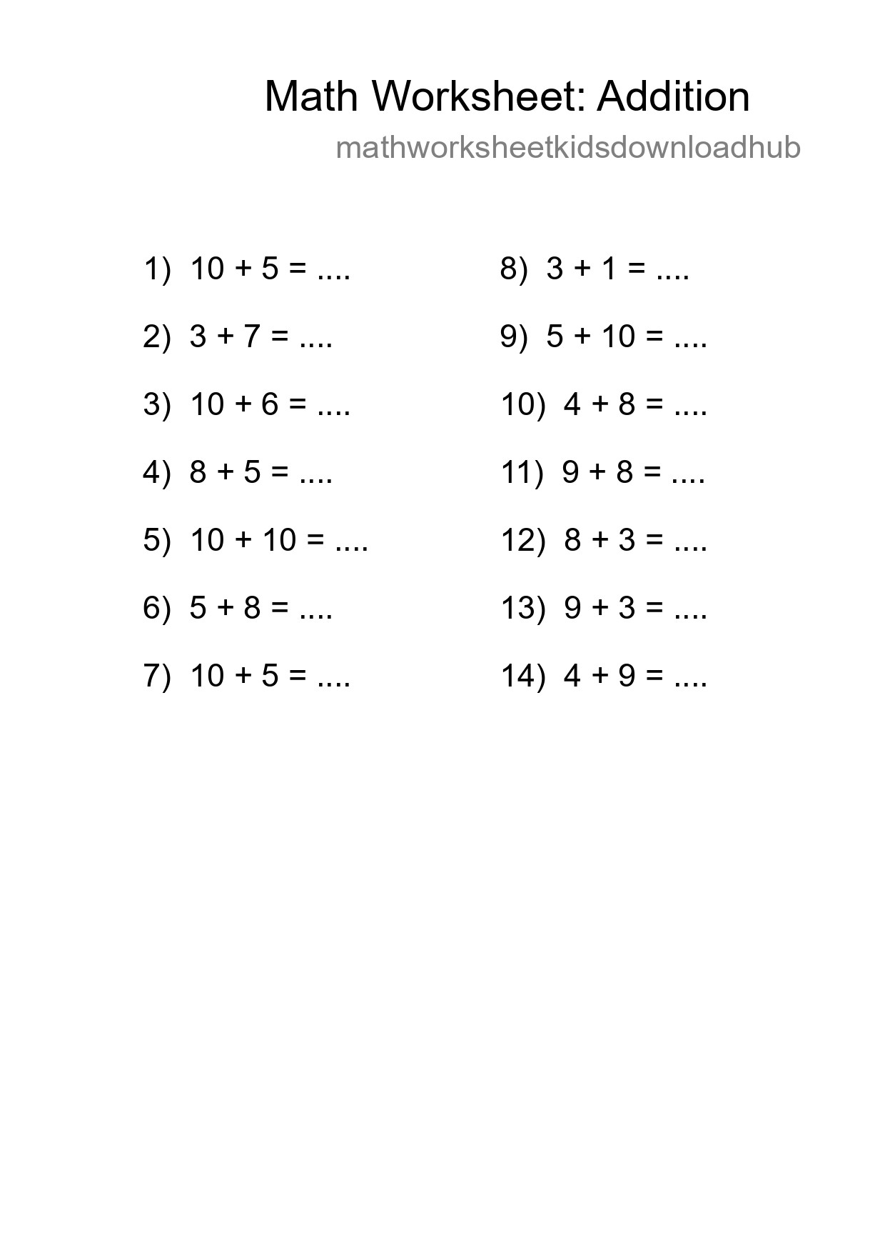 Grade 1 Addition Practice Worksheet (14 Problems) - Part 56