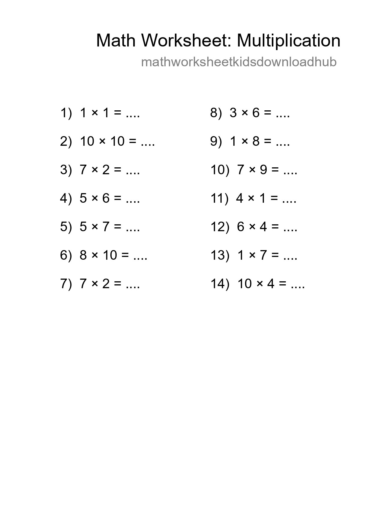 Grade 1 Multiplication Practice Worksheet (14 Problems) - Part 139