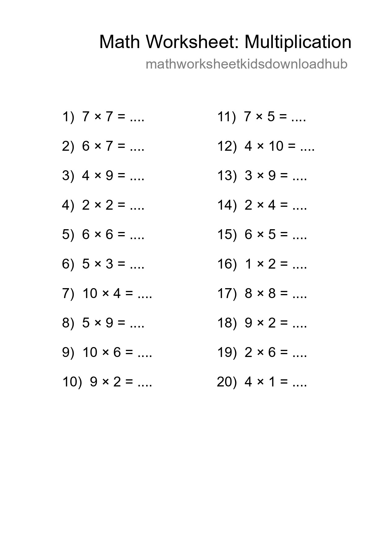 Grade 1 Multiplication Practice Worksheet (20 Problems) - Part 51