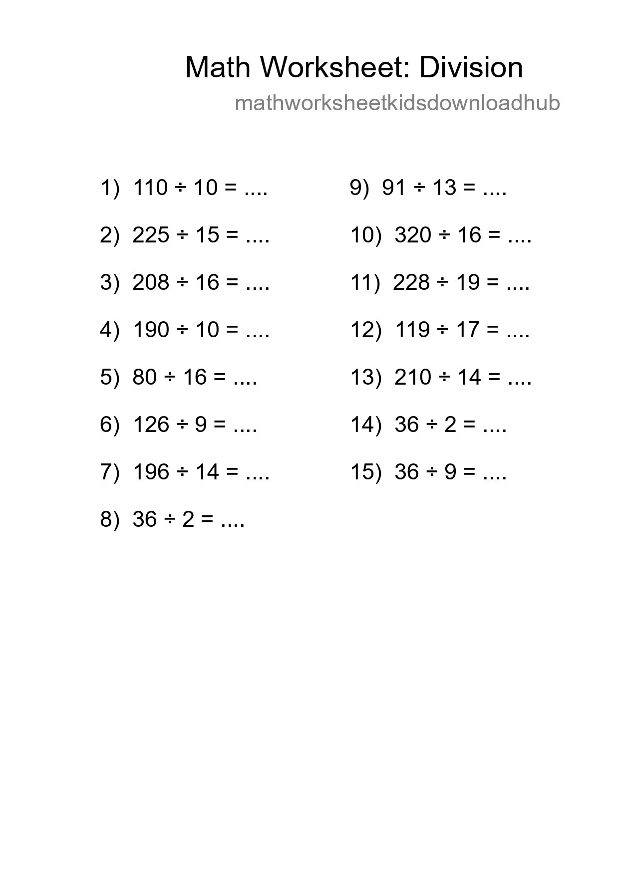 Grade 2 Division Practice Worksheet (15 Problems) - Part 191