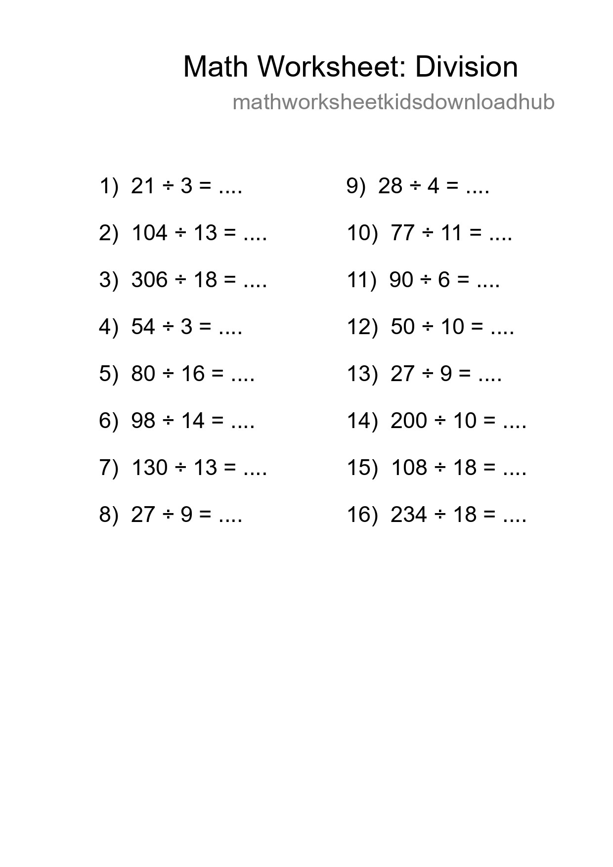 Grade 2 Division Practice Worksheet (16 Problems) - Part 202