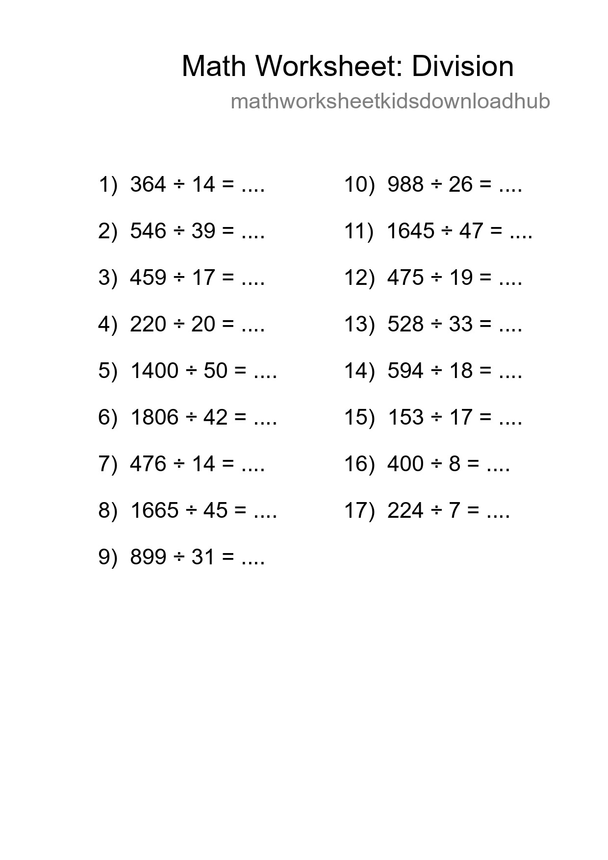 Grade 2 Division Practice Worksheet (17 Problems) - Part 246