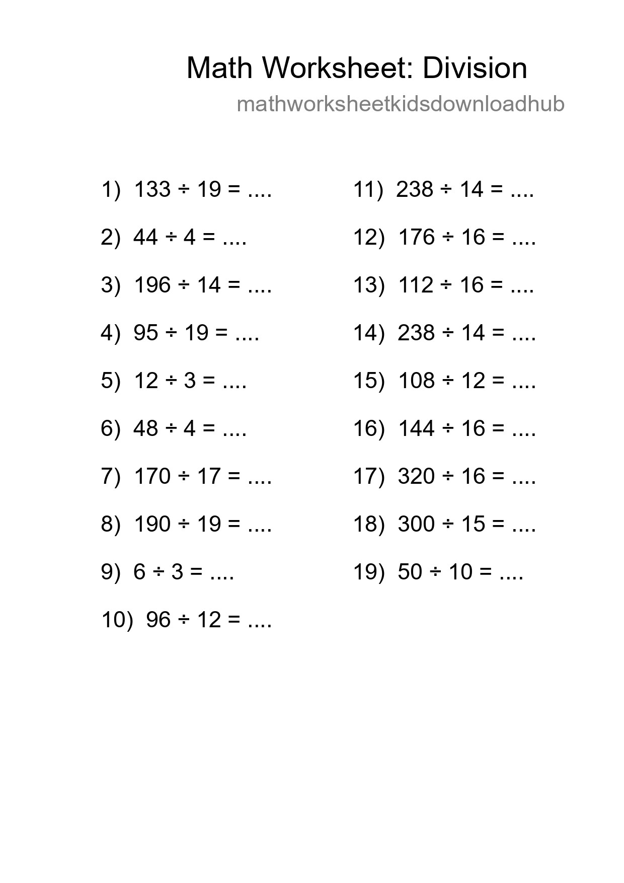 Grade 2 Division Practice Worksheet (19 Problems) - Part 158