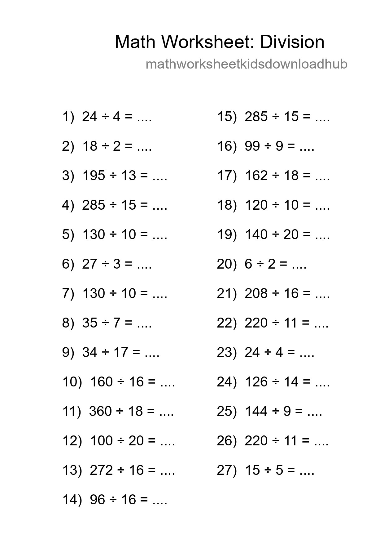 Grade 2 Division Practice Worksheet (27 Problems) - Part 48