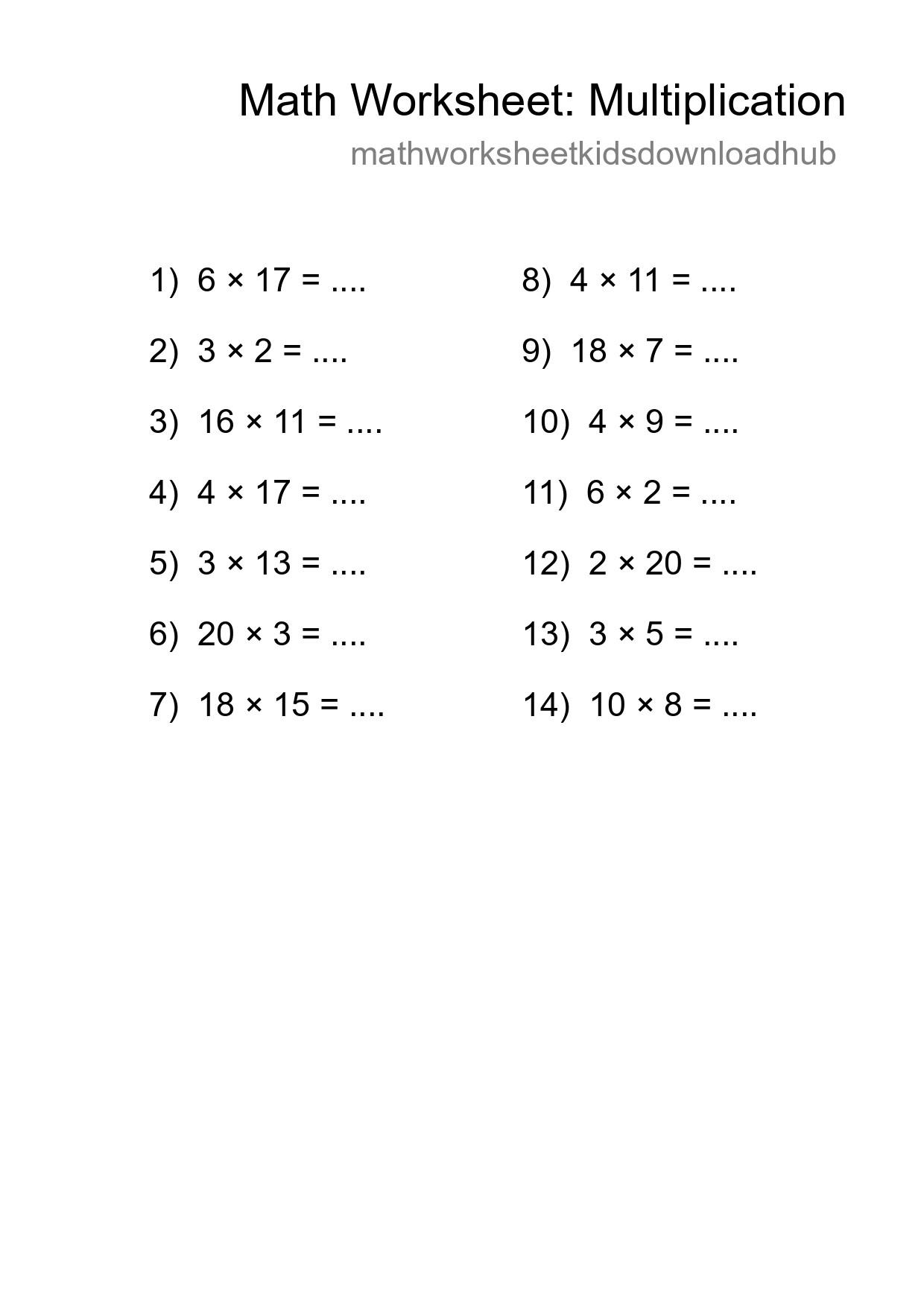 Grade 2 Multiplication Practice Worksheet (14 Problems) - Part 62