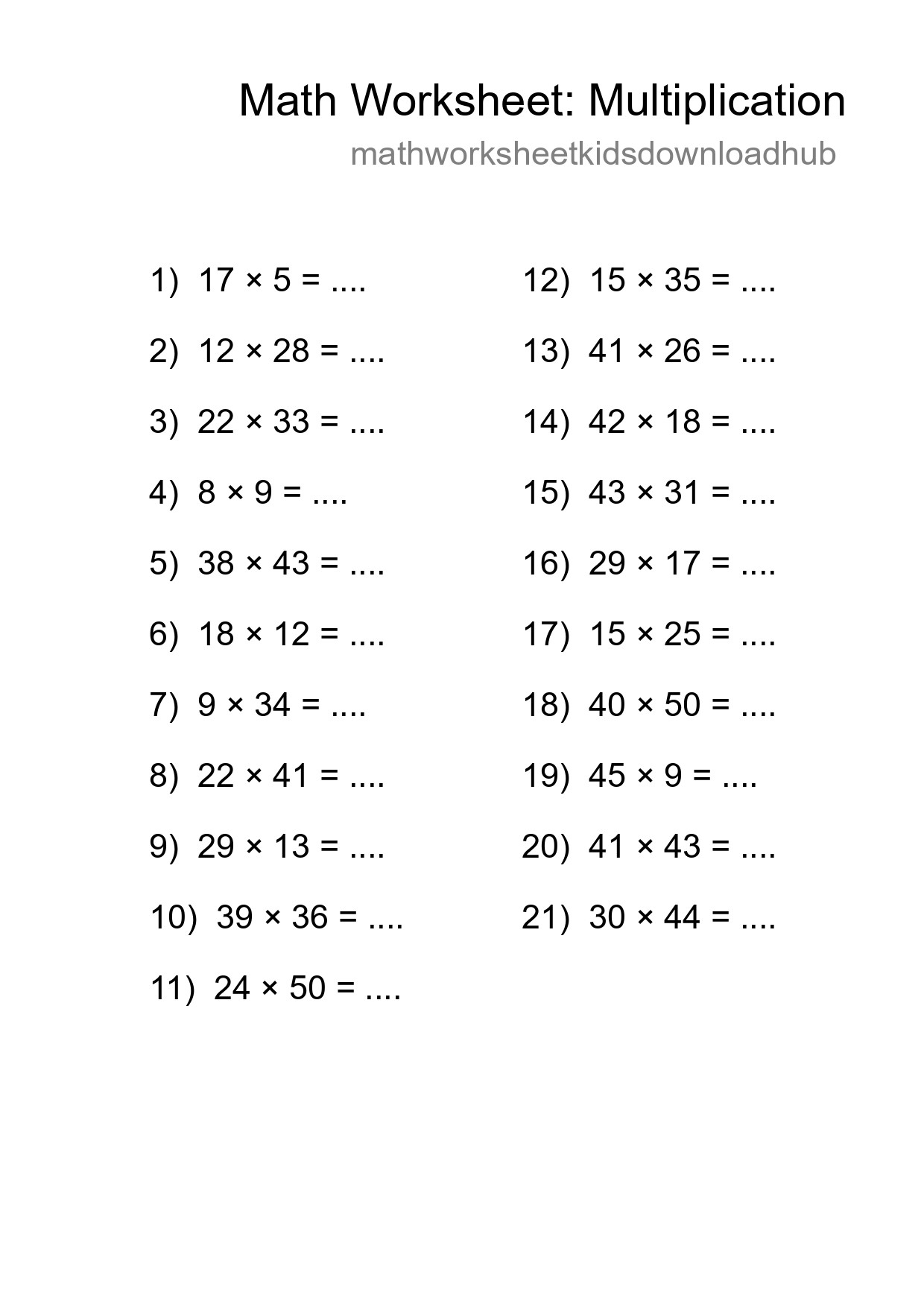 Grade 2 Multiplication Practice Worksheet (21 Problems) - Part 194
