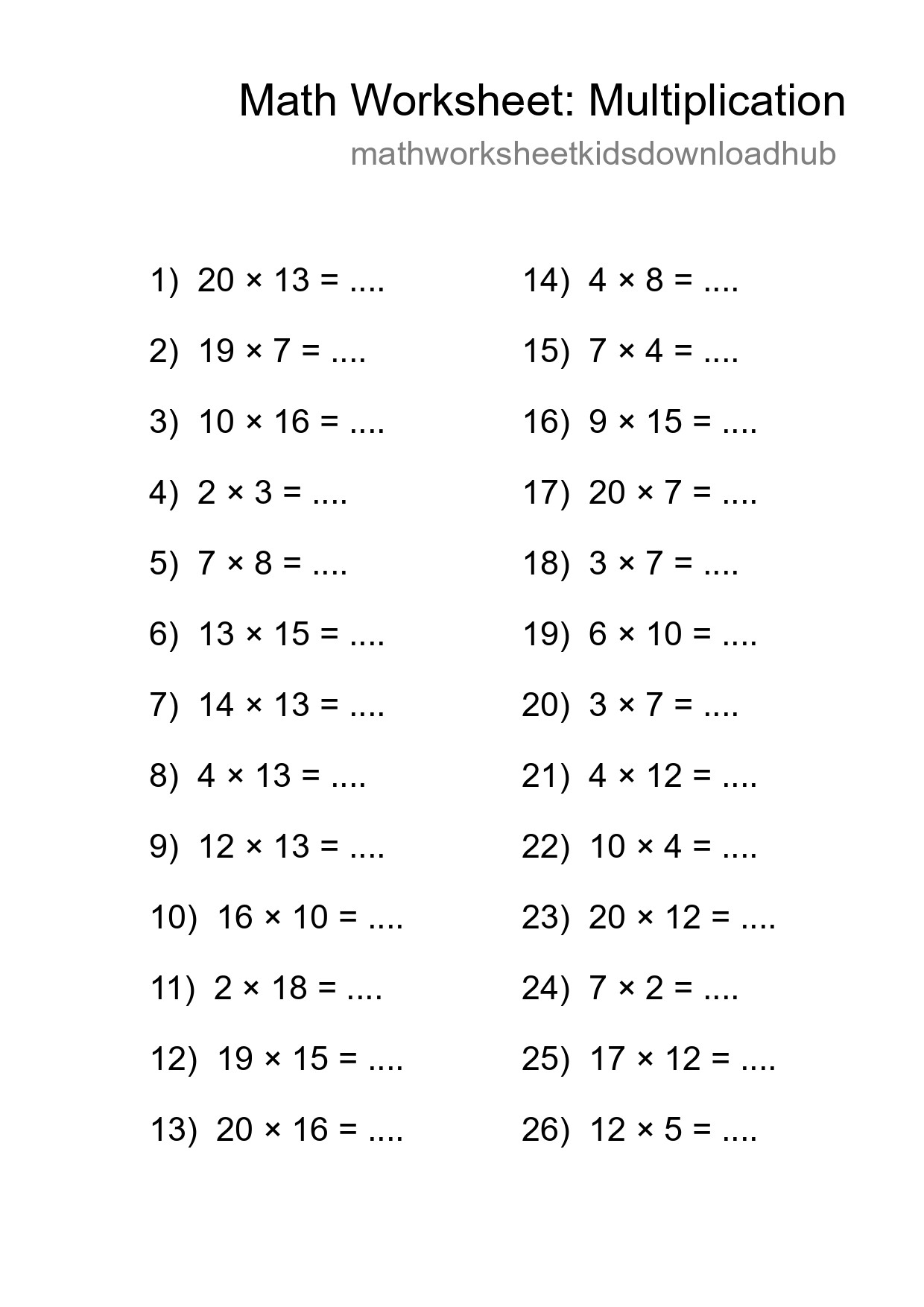 Grade 2 Multiplication Practice Worksheet (26 Problems) - Part 172