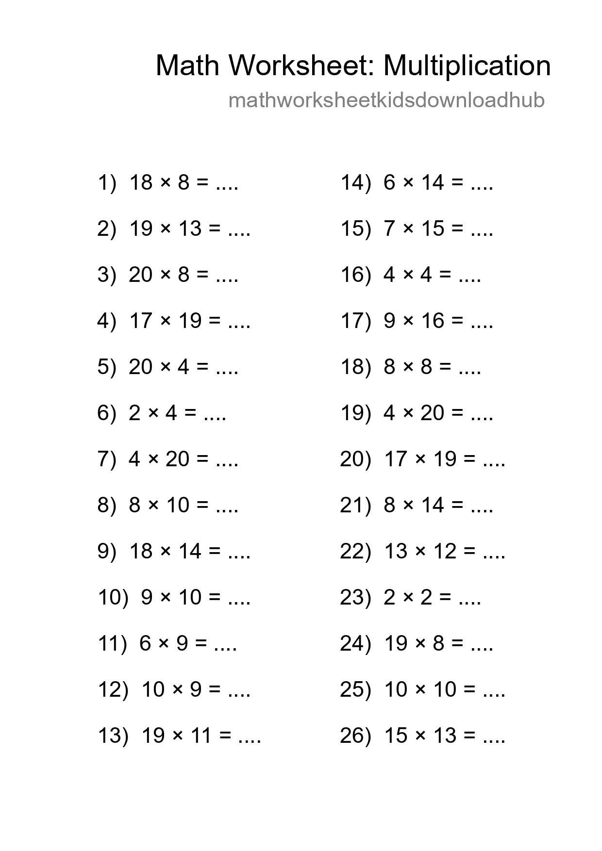 Grade 2 Multiplication Practice Worksheet (26 Problems) - Part 84
