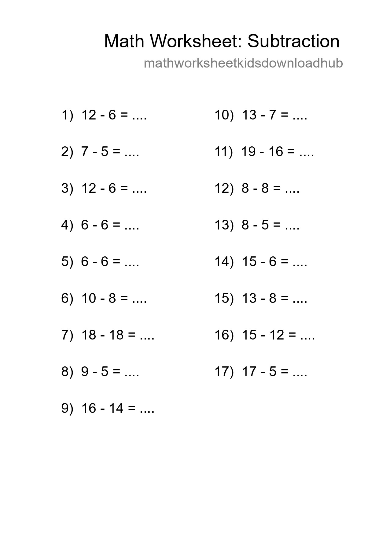 Grade 2 Subtraction Practice Worksheet (17 Problems) - Part 52