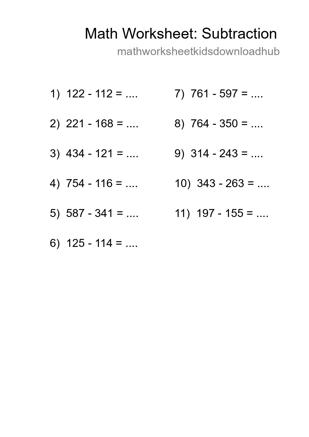 Grade 5 Subtraction Practice Worksheet (11 Problems) - Part 228