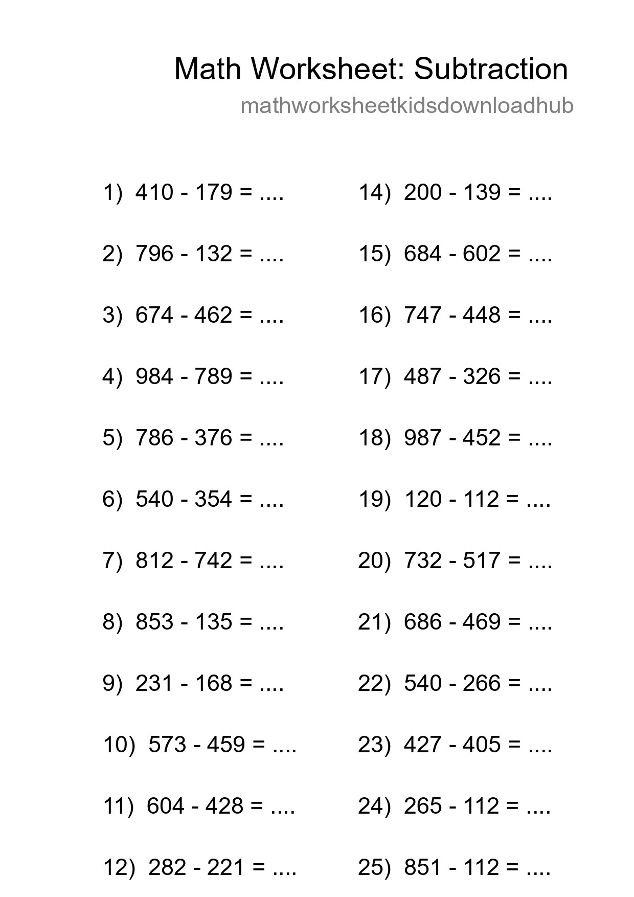 Grade 5 Subtraction Practice Worksheet (25 Problems) - Part 96