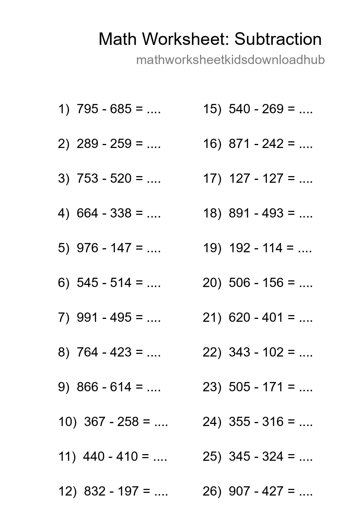 Grade 5 Subtraction Practice Worksheet (27 Problems) - Part 162