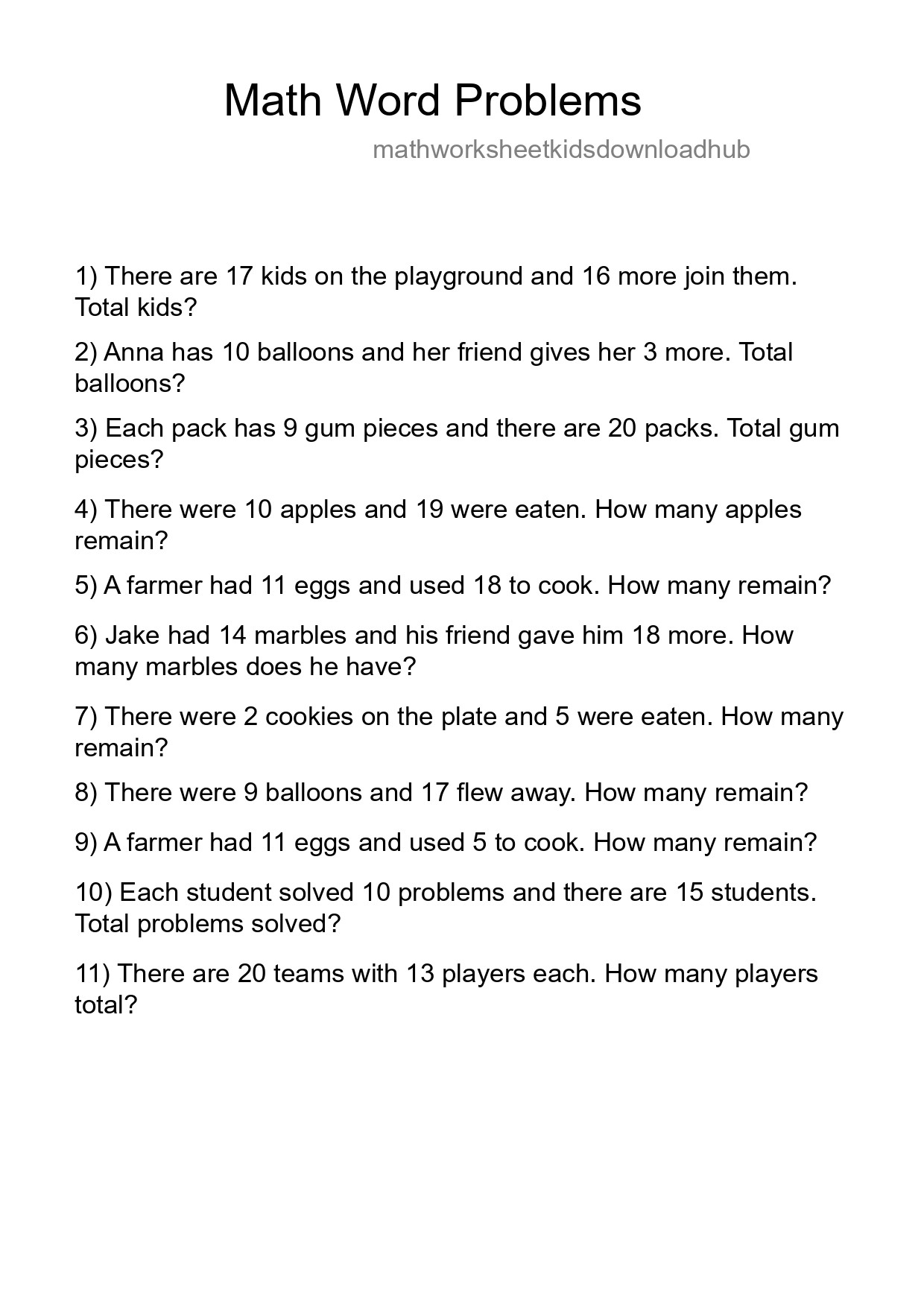 Math Word Problem Worksheet