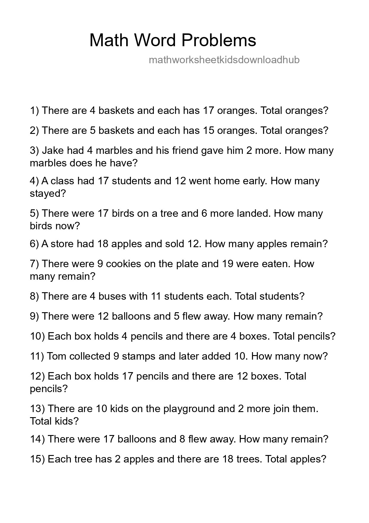 Math Word Problem Worksheet