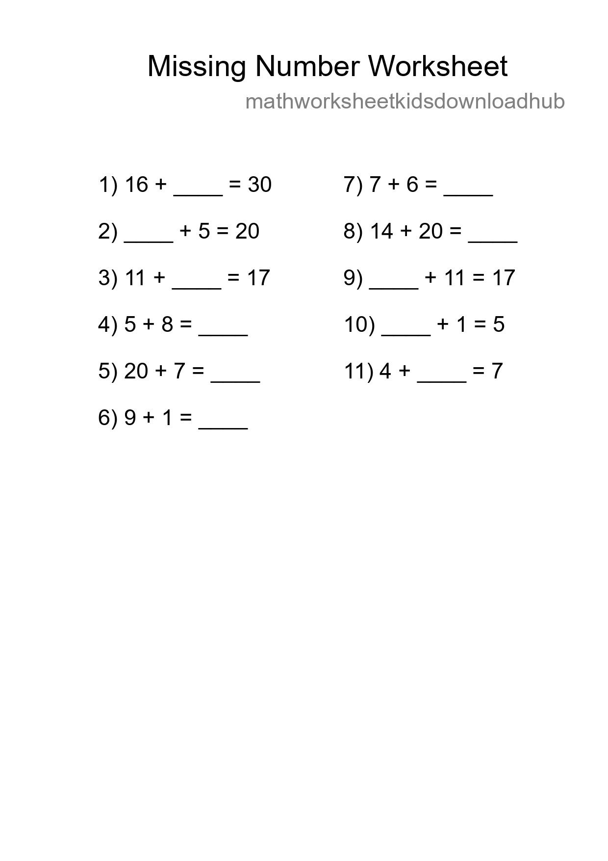 Missing Number Math Worksheet