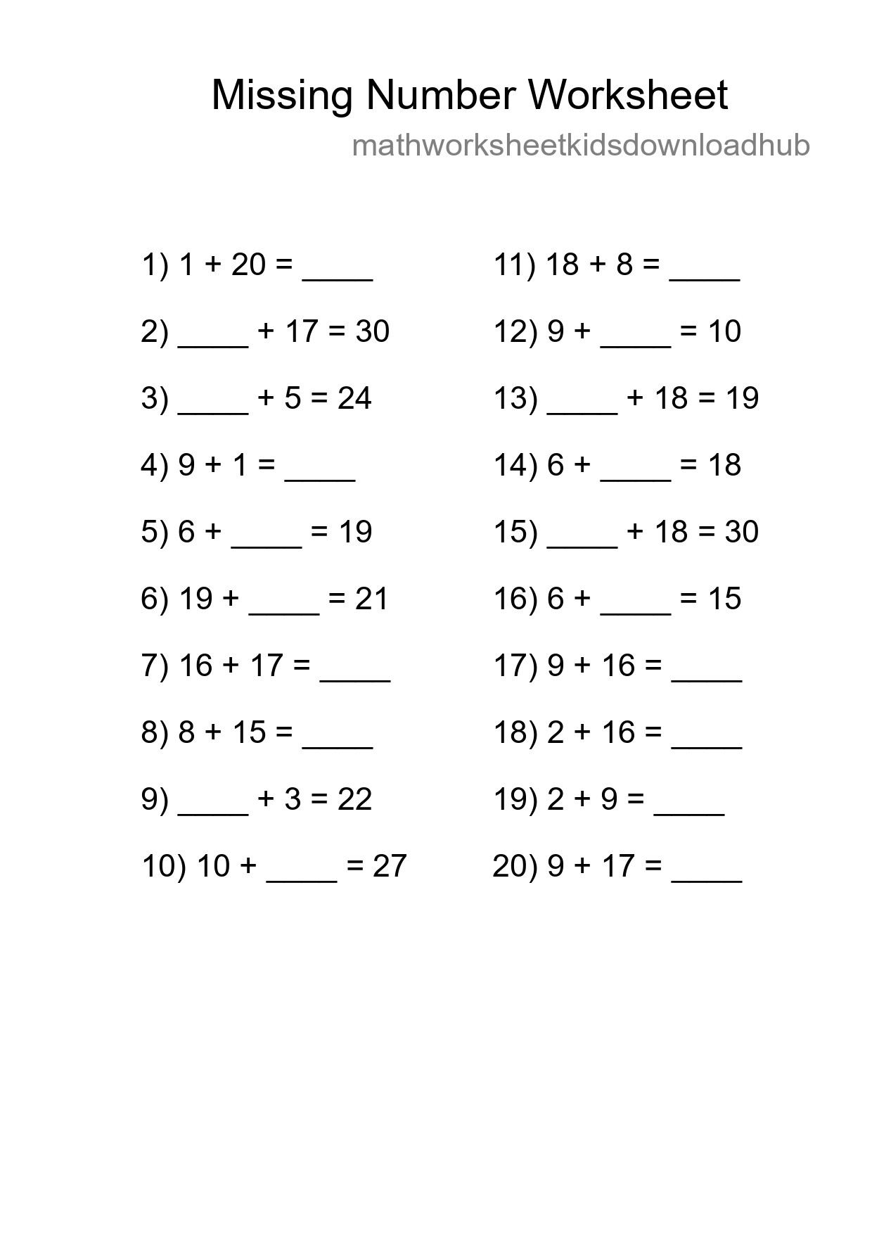 Missing Number Math Worksheet
