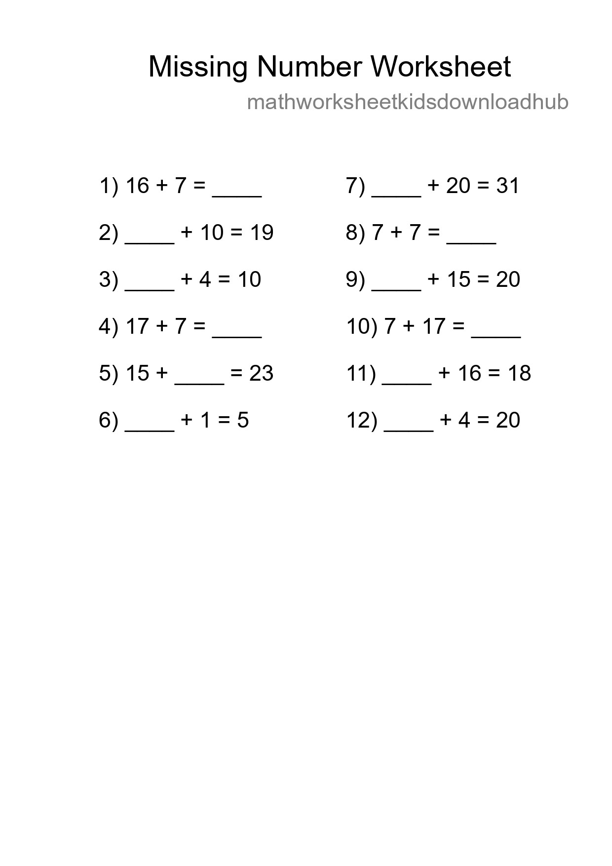 Missing Number Math Worksheet