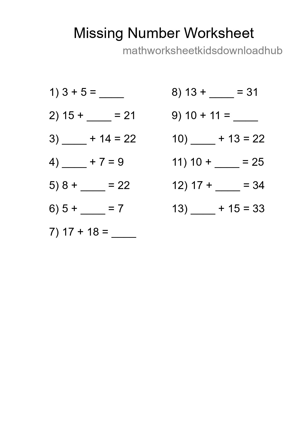 Missing Number Math Worksheet
