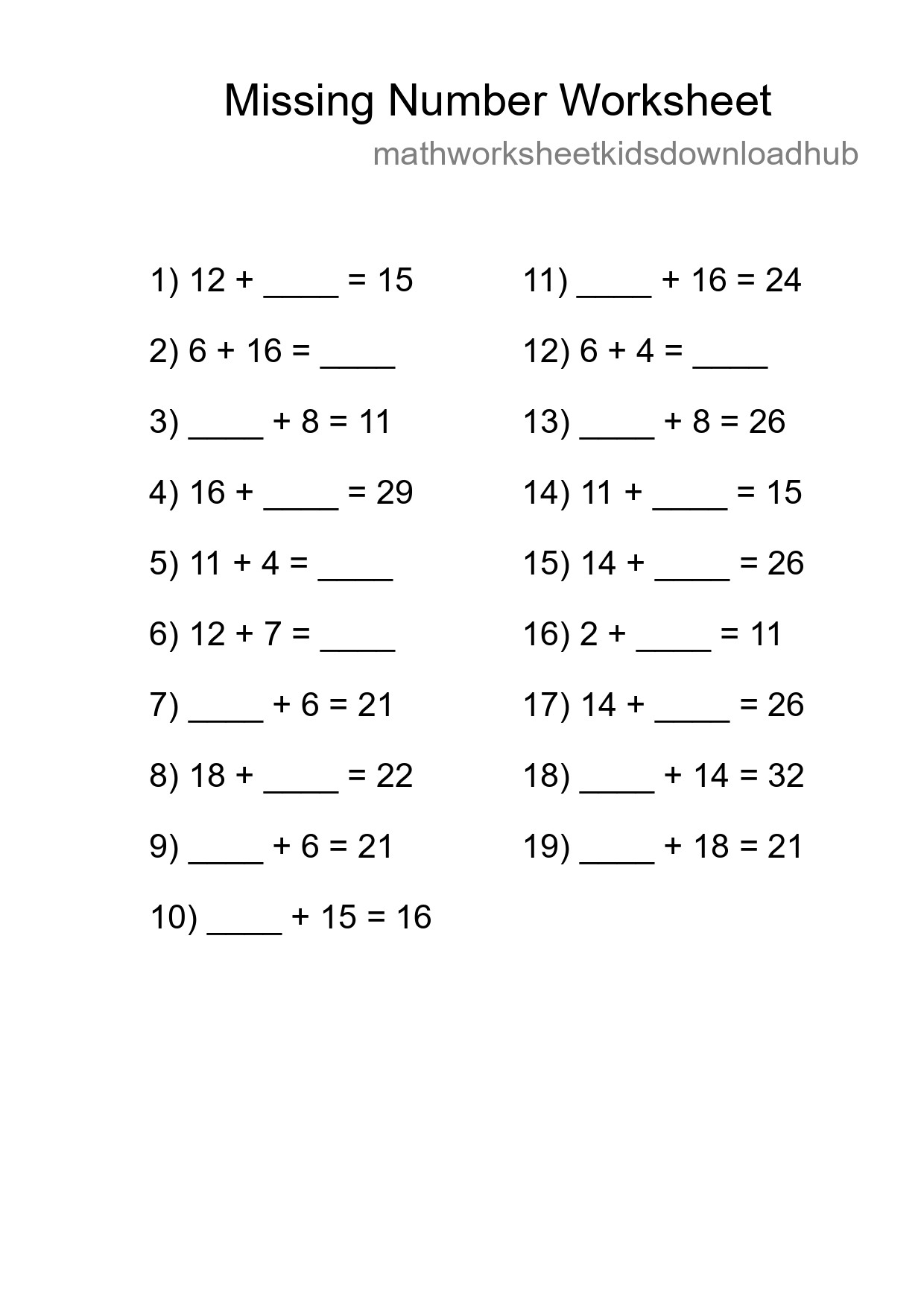 Missing Number Math Worksheet