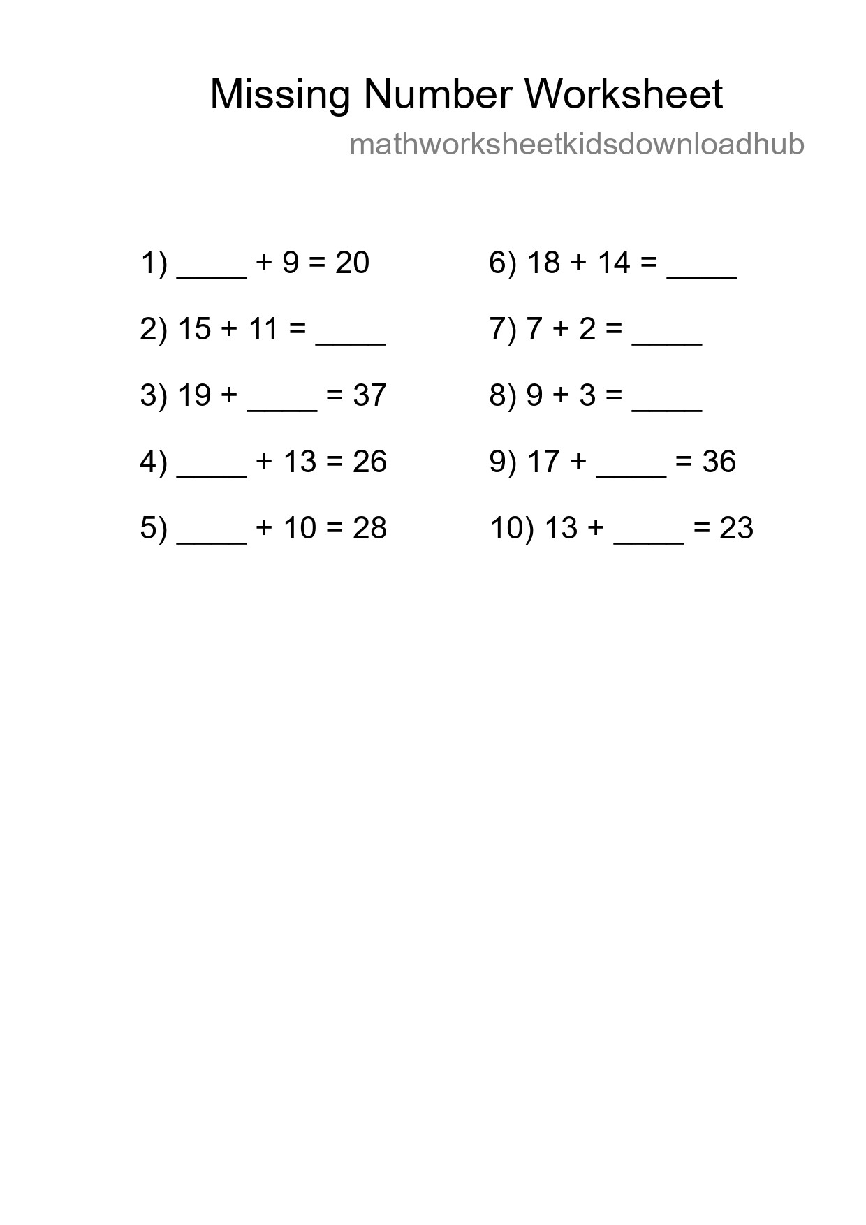 Missing Number Math Worksheet