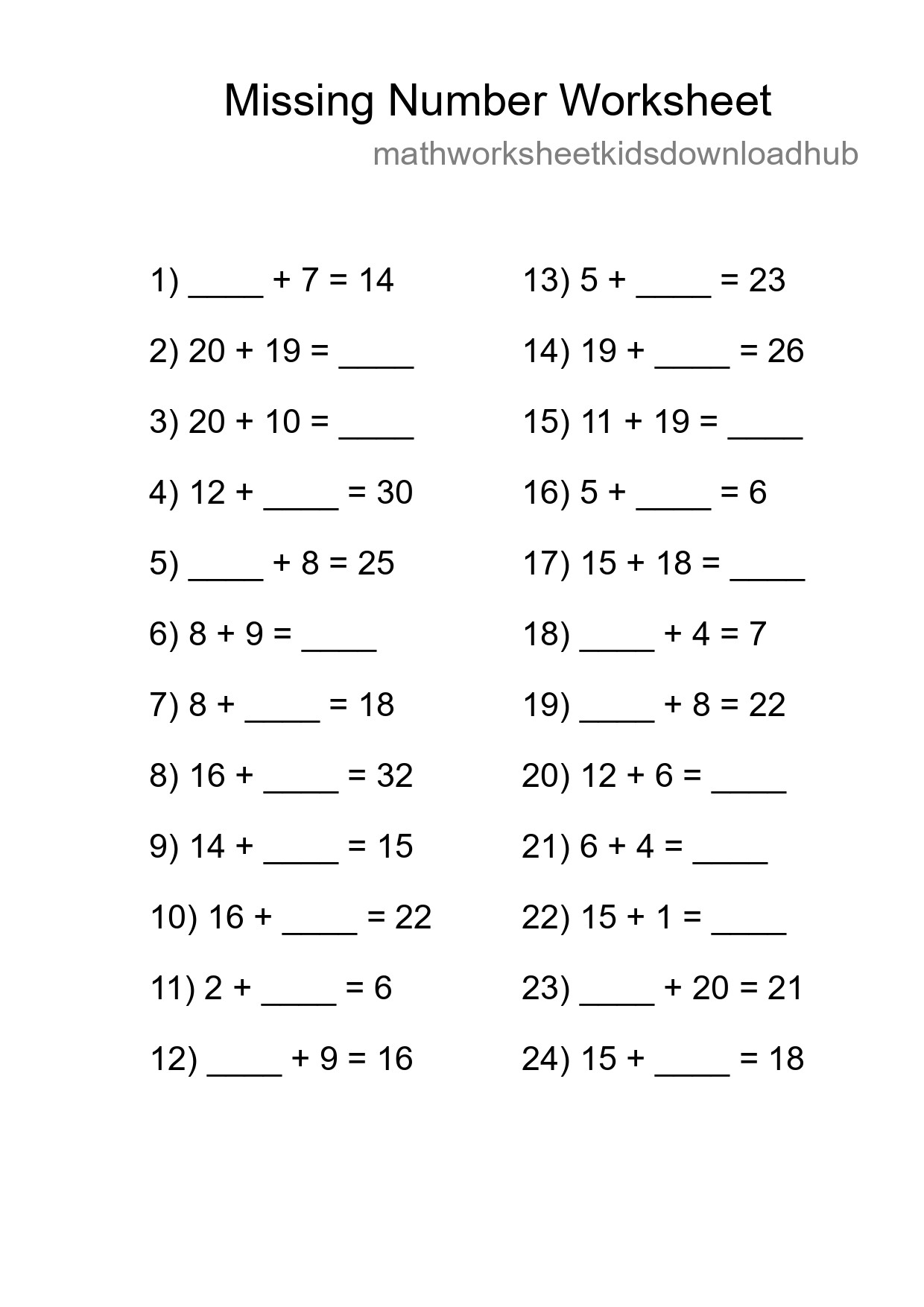Missing Number Math Worksheet