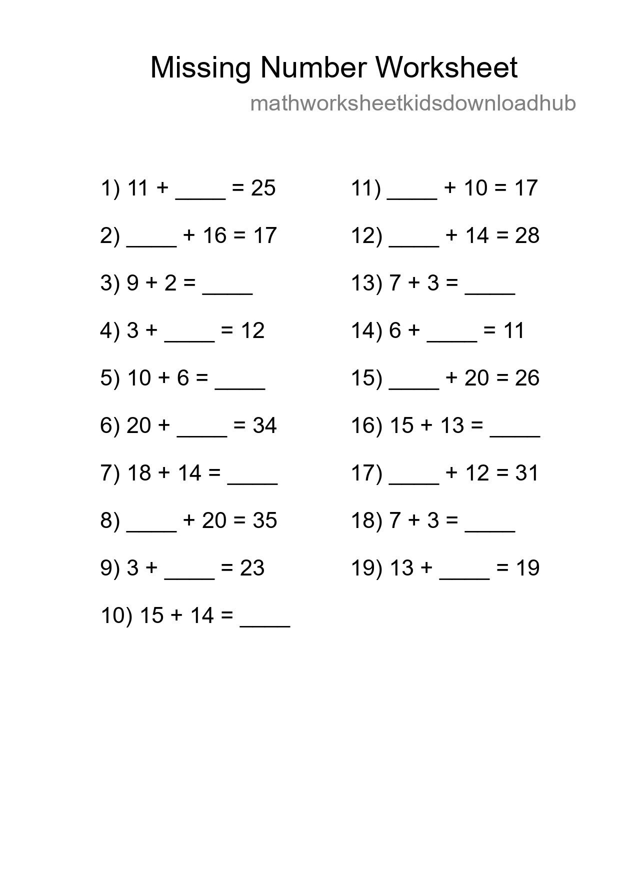Missing Number Math Worksheet