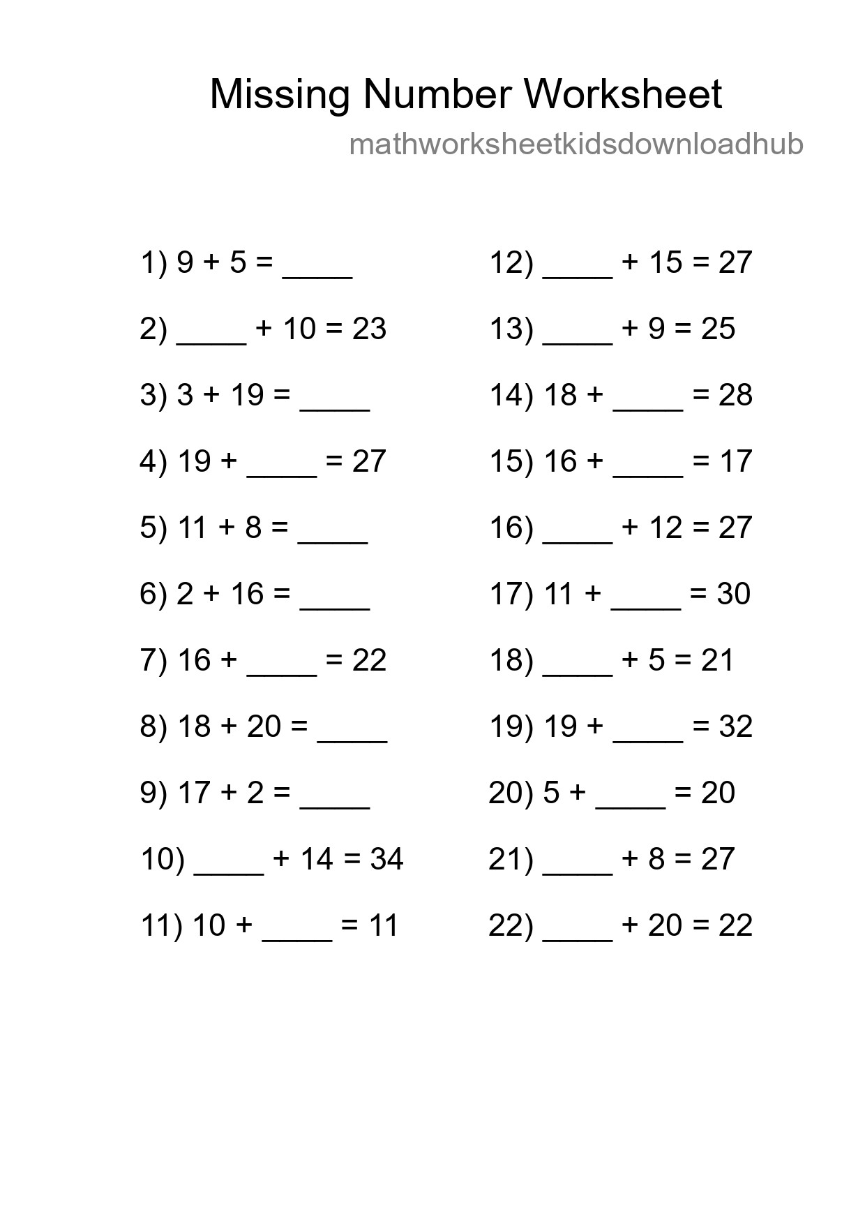 Missing Number Math Worksheet