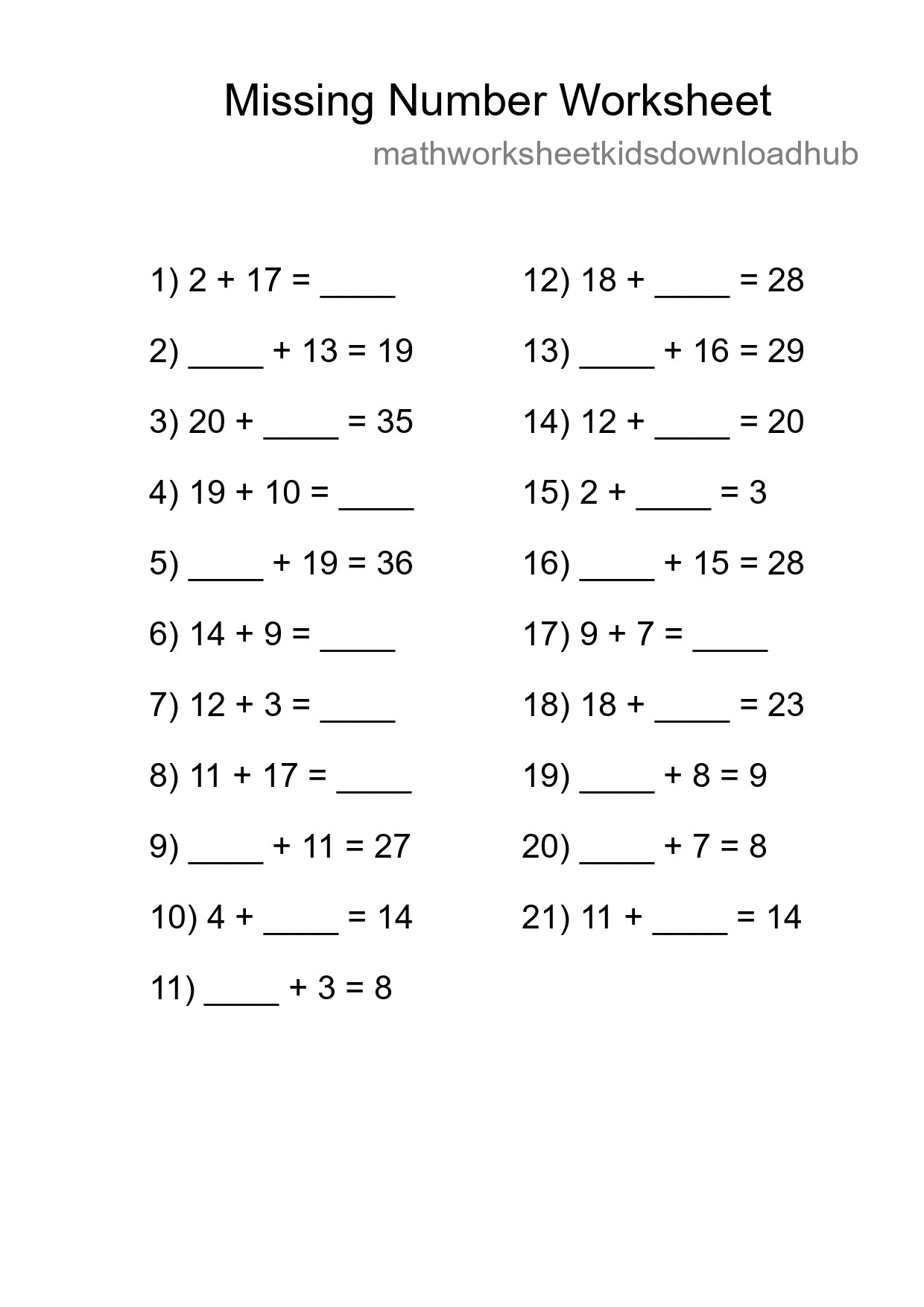 Missing Number Math Worksheet
