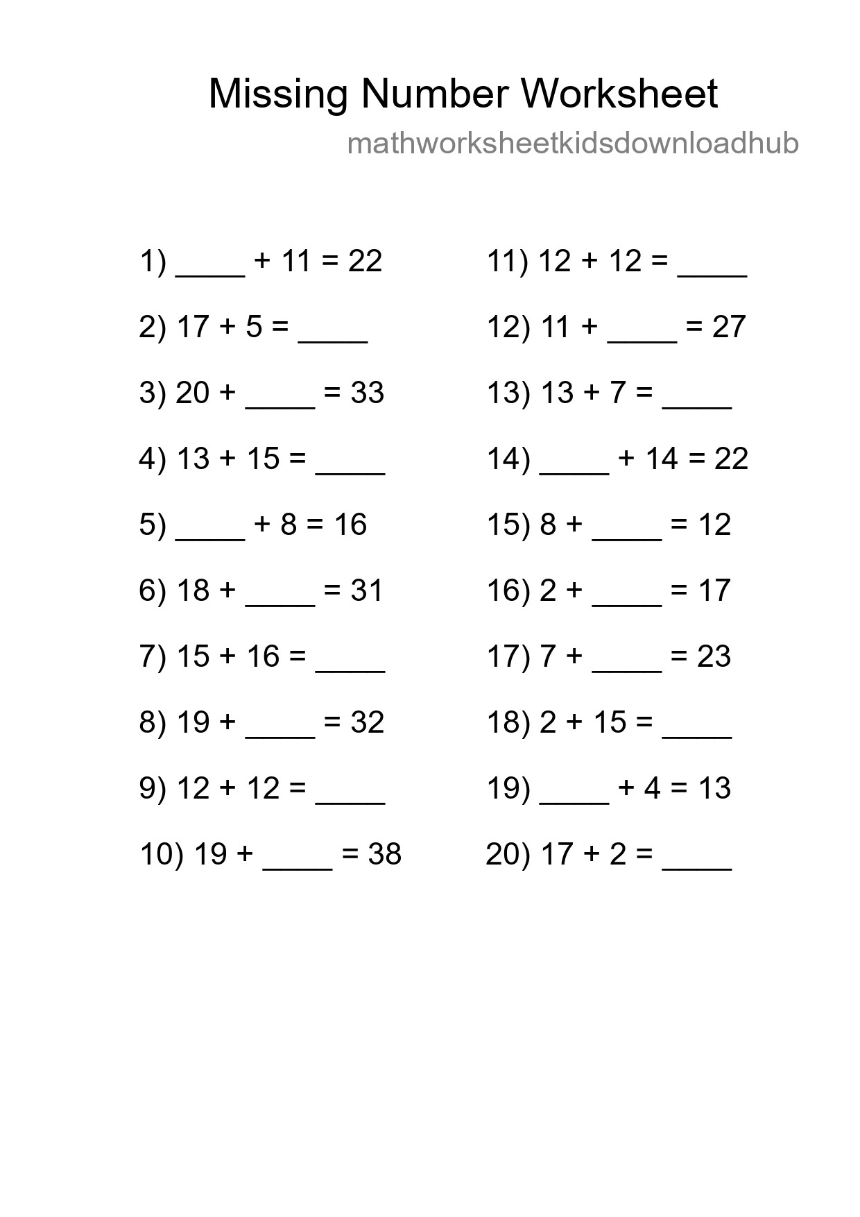 Missing Number Math Worksheet