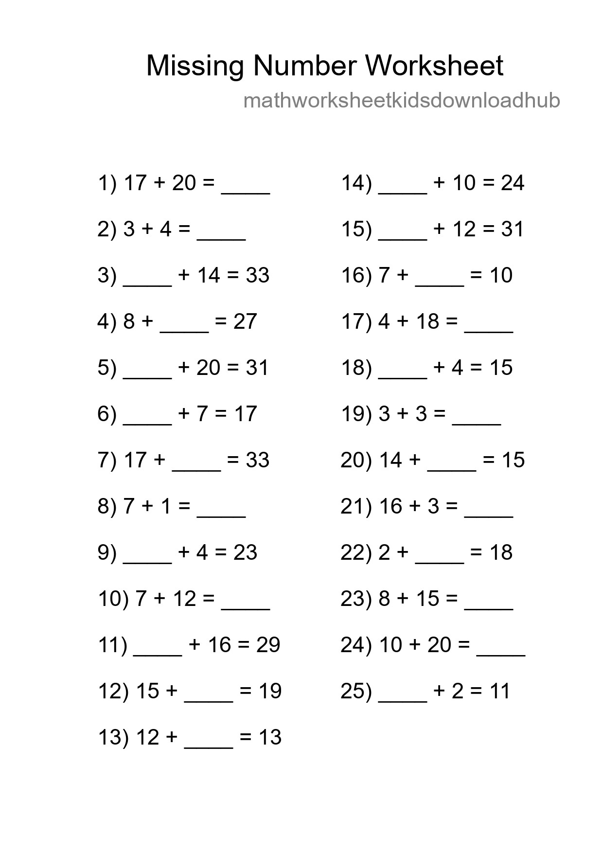 Missing Number Math Worksheet