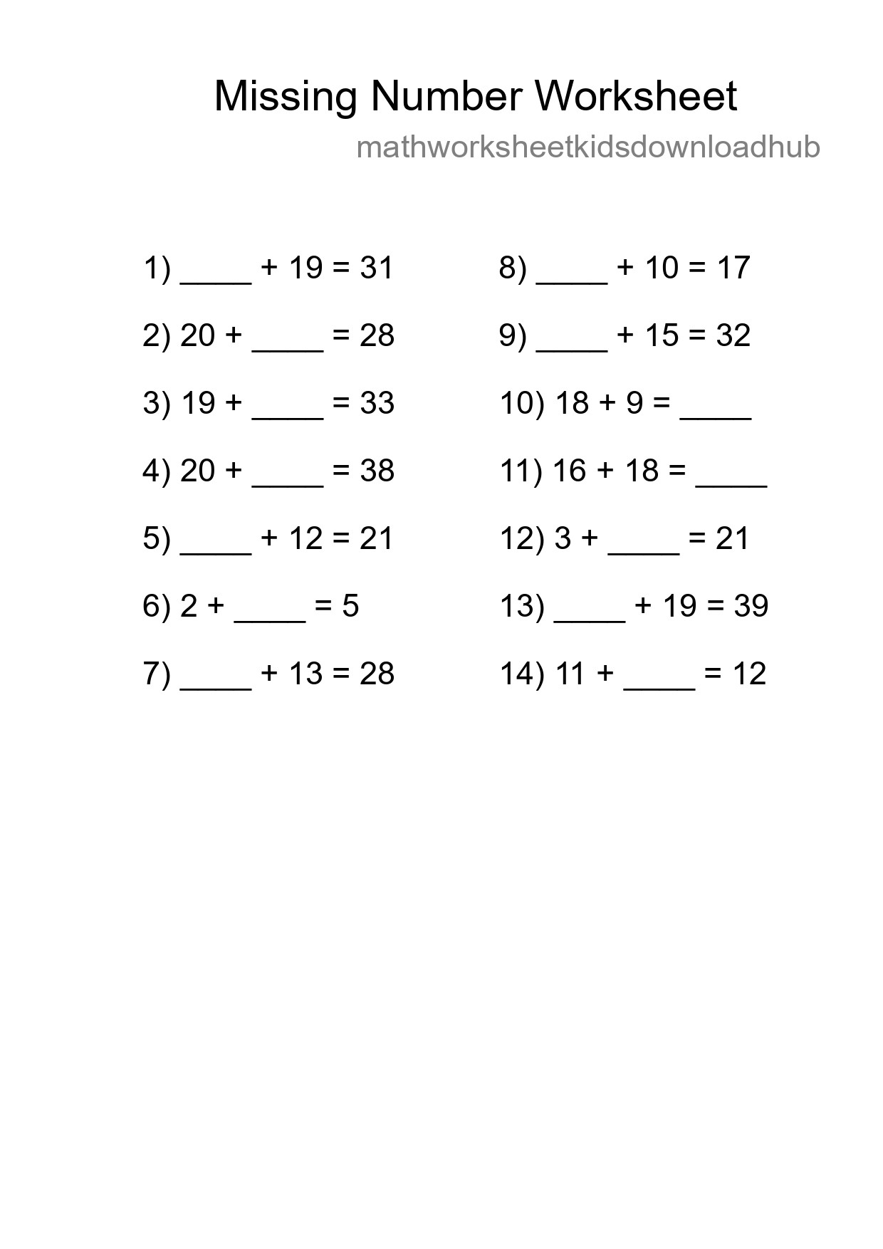 Missing Number Math Worksheet
