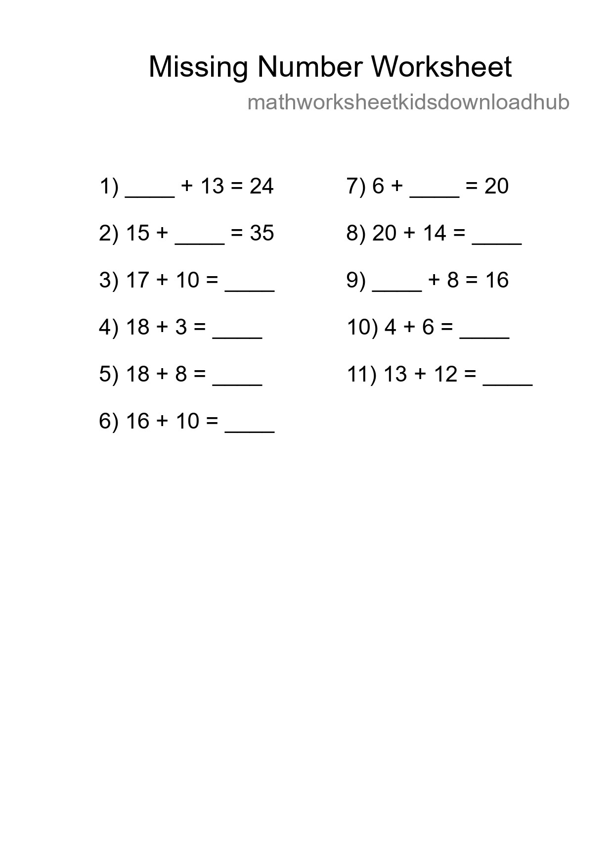 Missing Number Math Worksheet
