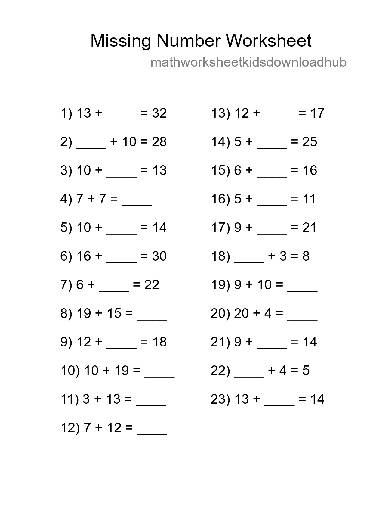 Missing Number Math Worksheet