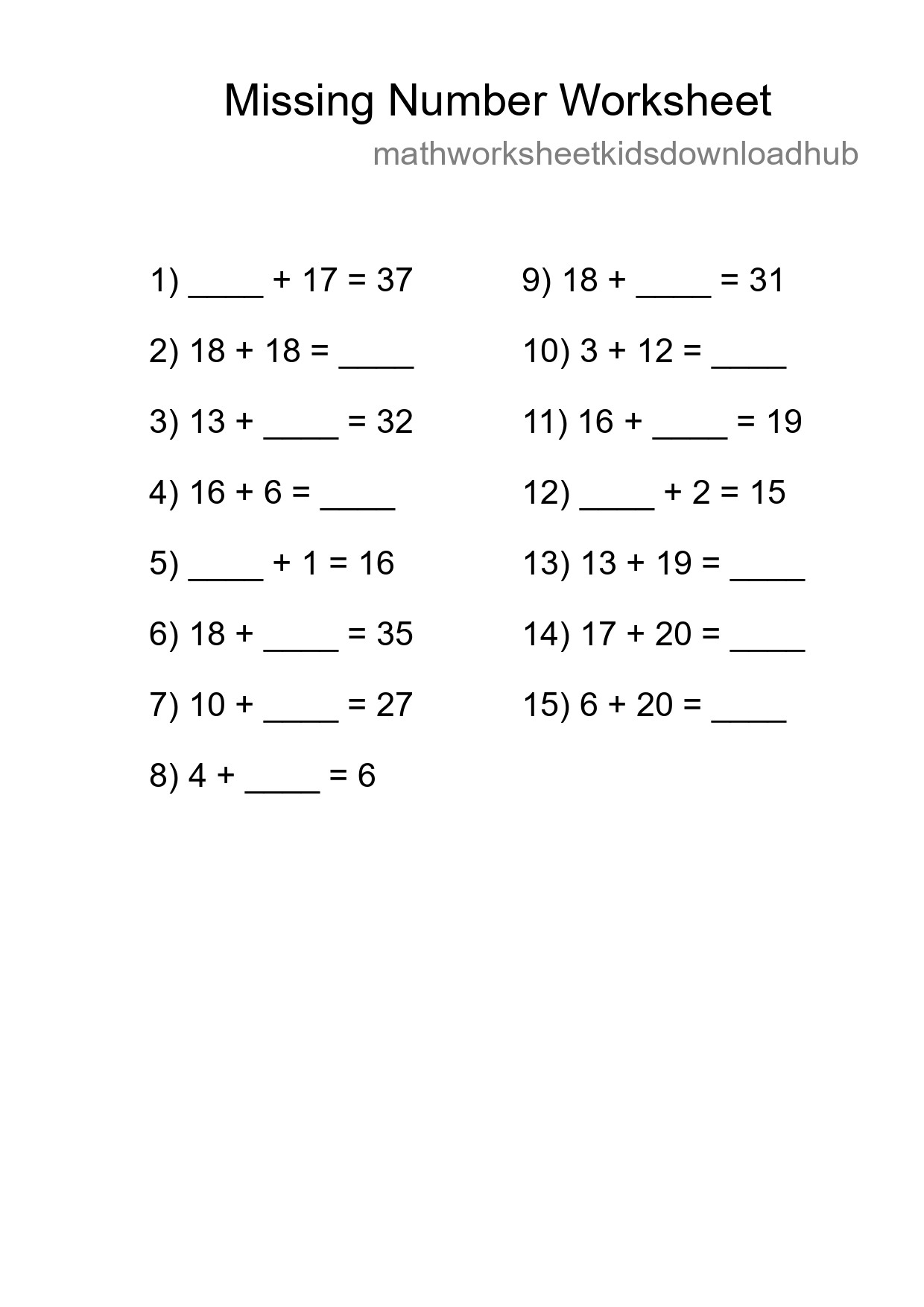 Missing Number Math Worksheet