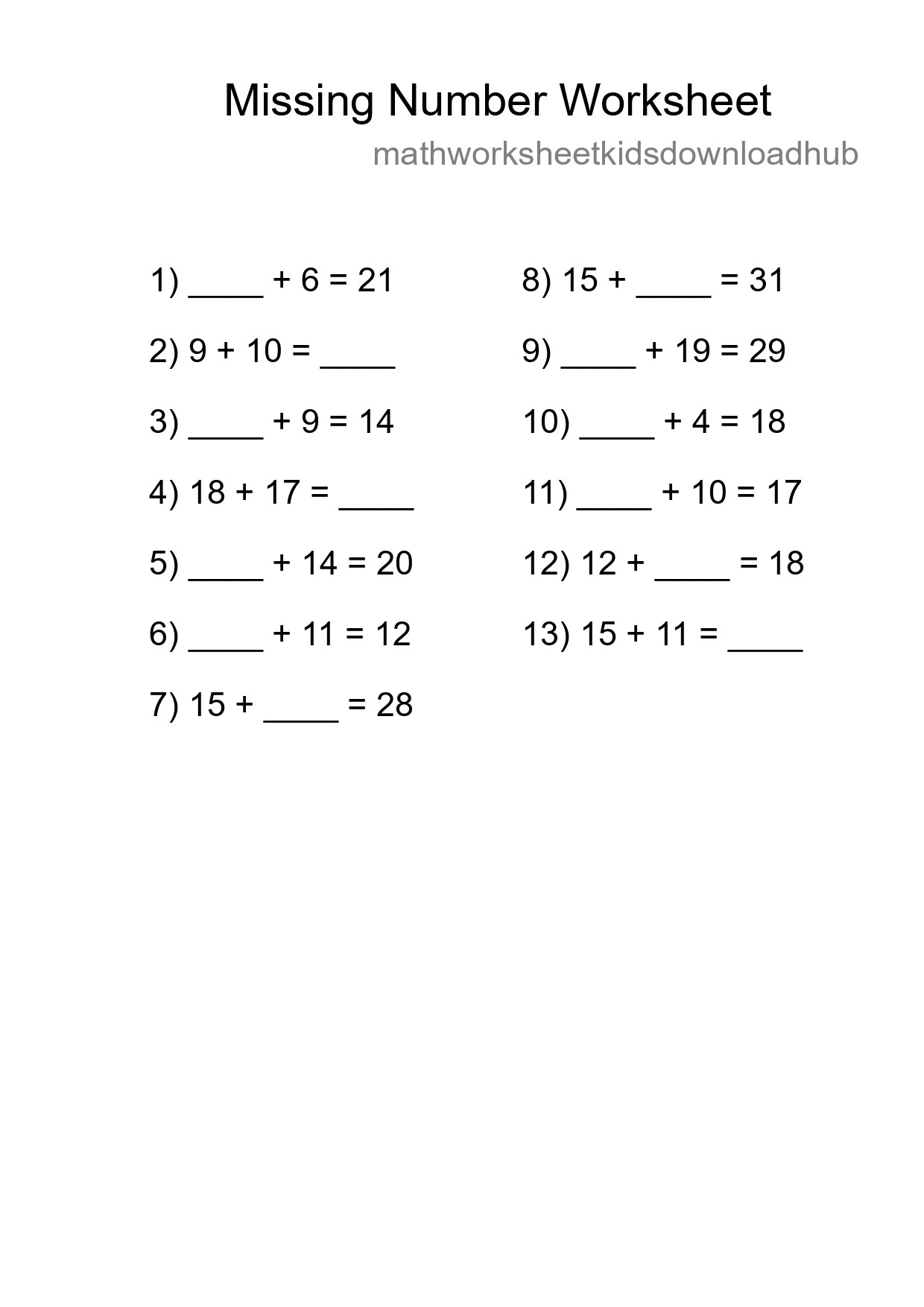 Missing Number Math Worksheet