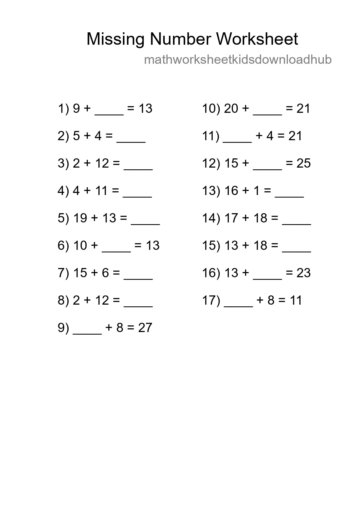 Missing Number Math Worksheet